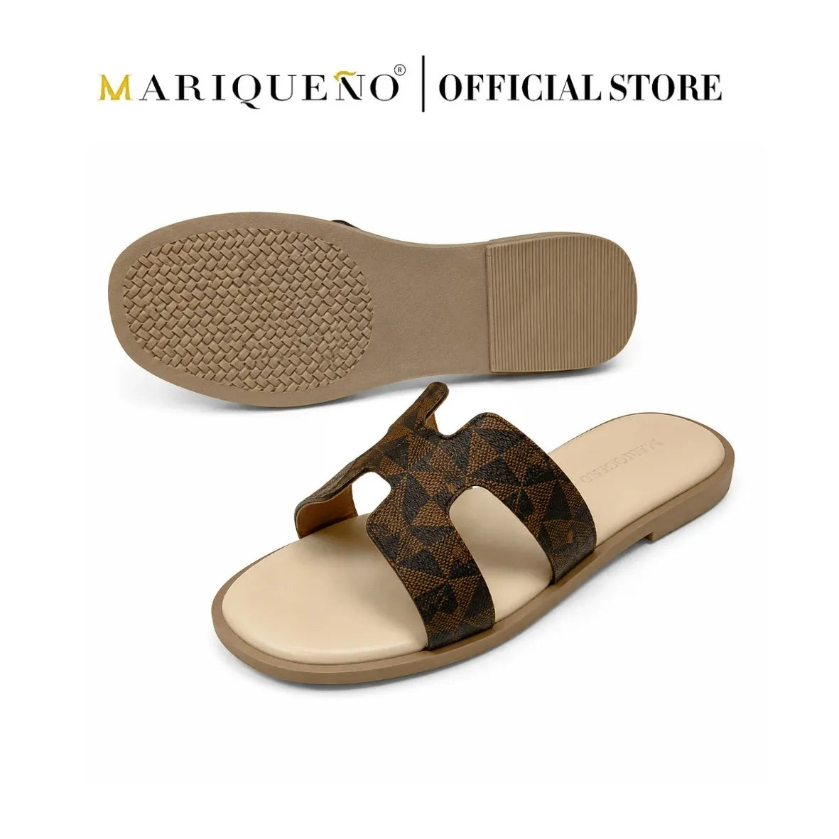 A pair of slide sandals shown on a white background, with one sandal displaying the textured brown outsole and the other showing the top strap in a dark brown and beige geometric pattern. The brand name 'MARIQUEÑO | OFFICIAL STORE' is printed at the top.
#color_mocha brown geo