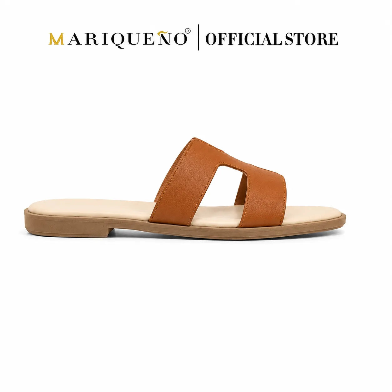 A single women's flat slide sandal by Mariqueno, featuring a warm brown double-strap design with a cutout detail on the upper, a tan footbed, and a low brown block heel, shown against a plain white background with the Mariqueno Official Store logo at the top.
#color_tan