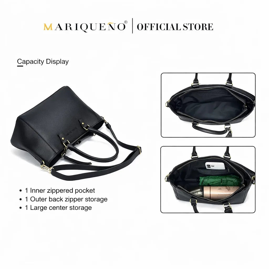 Black handbag with capacity display features on a white background, branded as Mariqueno.
#color_black