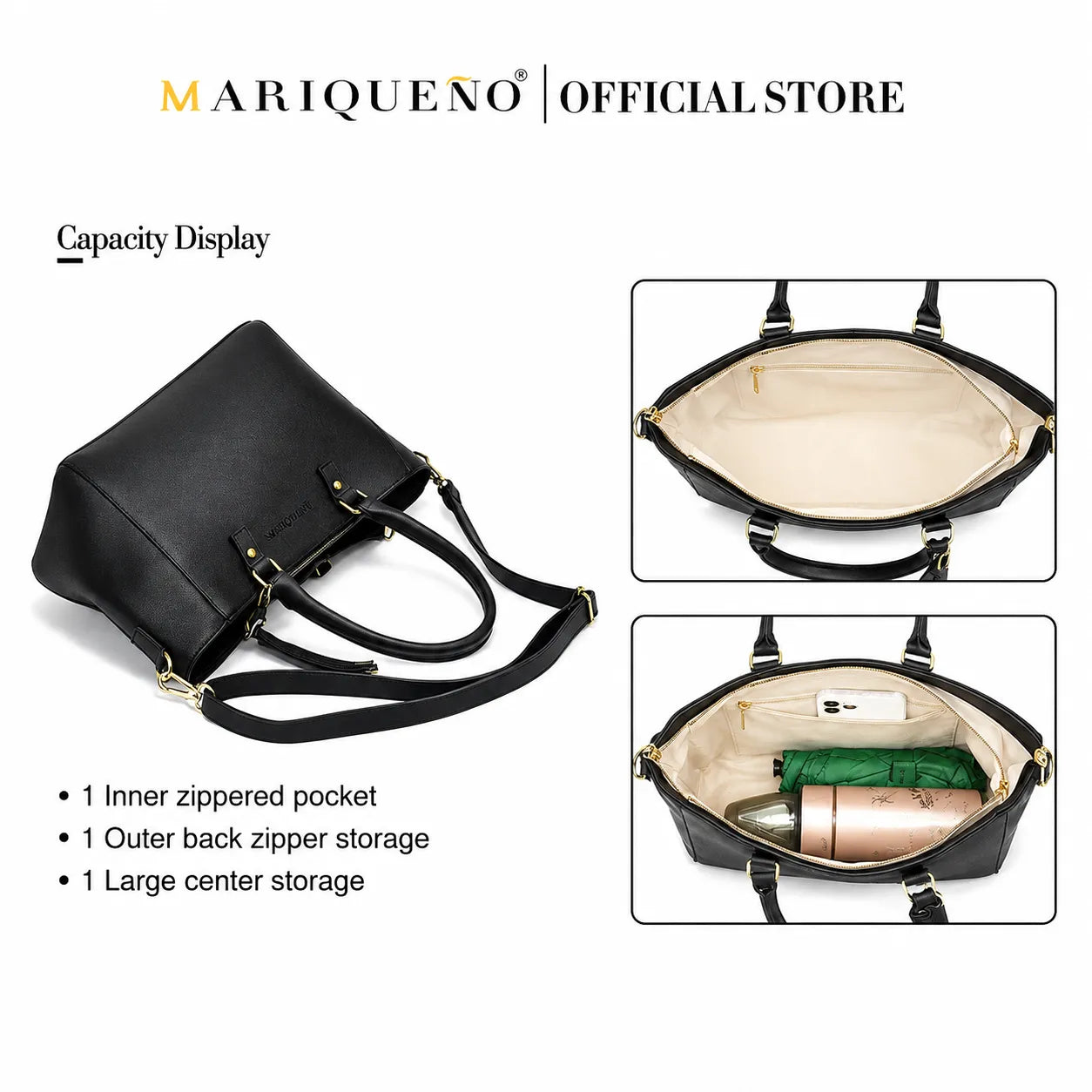 Black handbag with capacity display features on a white background, branded as Mariqueno.
#color_black