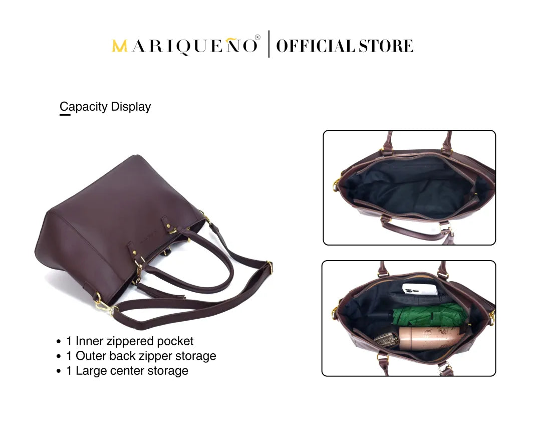 Brown handbag with storage details on a white background, featuring the Marqueño brand.
#color_choco brown