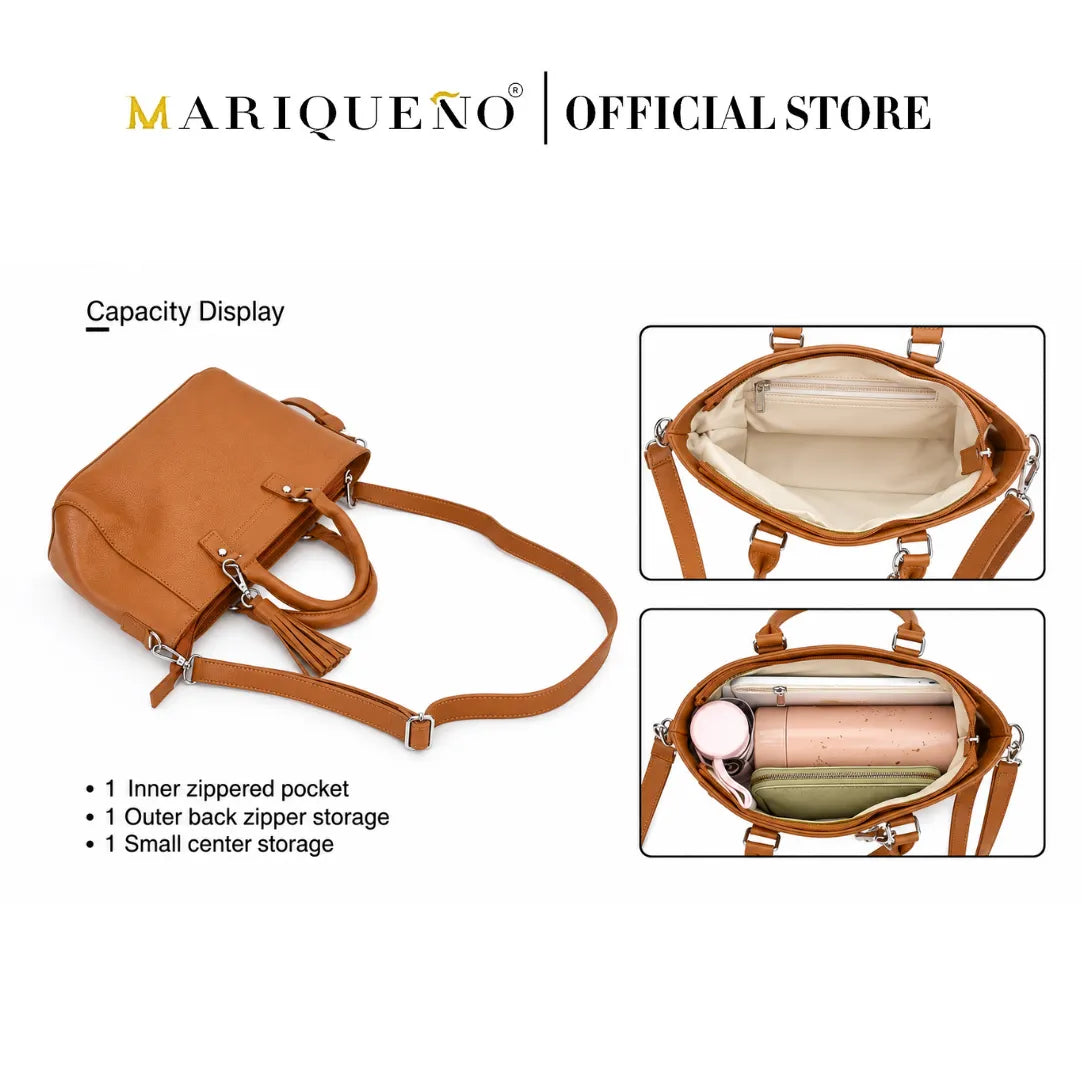 A tan leather shoulder bag shown on a white background with feature callouts and two inset photos of the bag's interior compartments. The top text reads 'MARIQUENO | OFFICIALSTORE'.
#color_tan brown