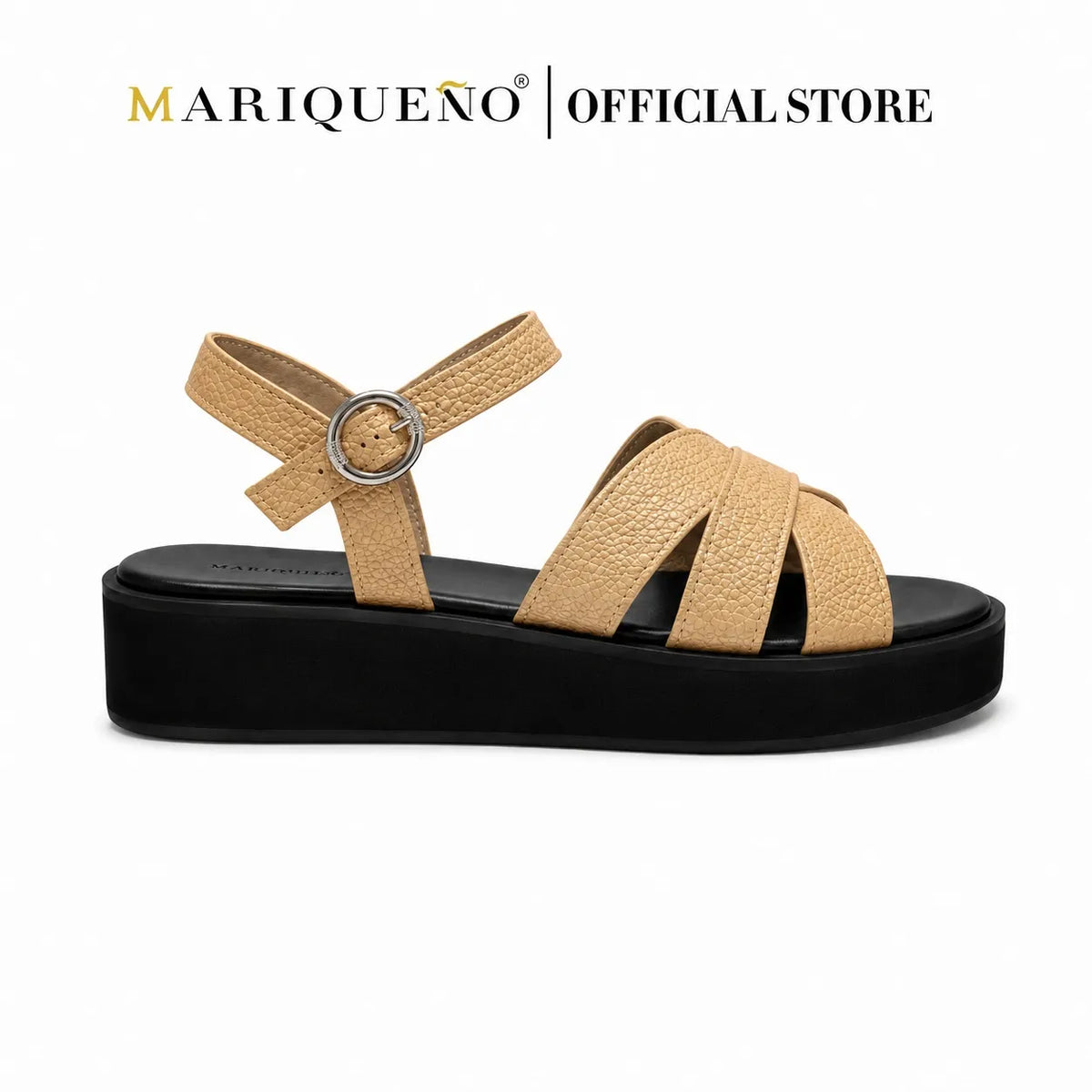 A single Mariqueno platform sandal with textured tan straps and a black platform sole, shown against a plain white background with the brand name 'MARIQUENO | OFFICIAL STORE' at the top.
#color_beige