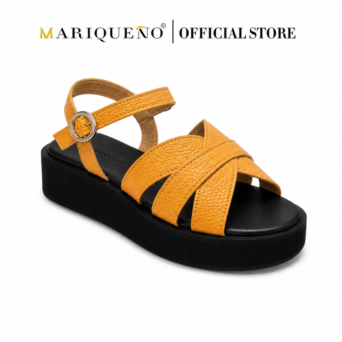 A single Mariqueno platform sandal with textured beige leather straps and a black platform sole, shown on a white background with the 'MARIQUEÑO | OFFICIALSTORE' logo at the top.
#color_tan