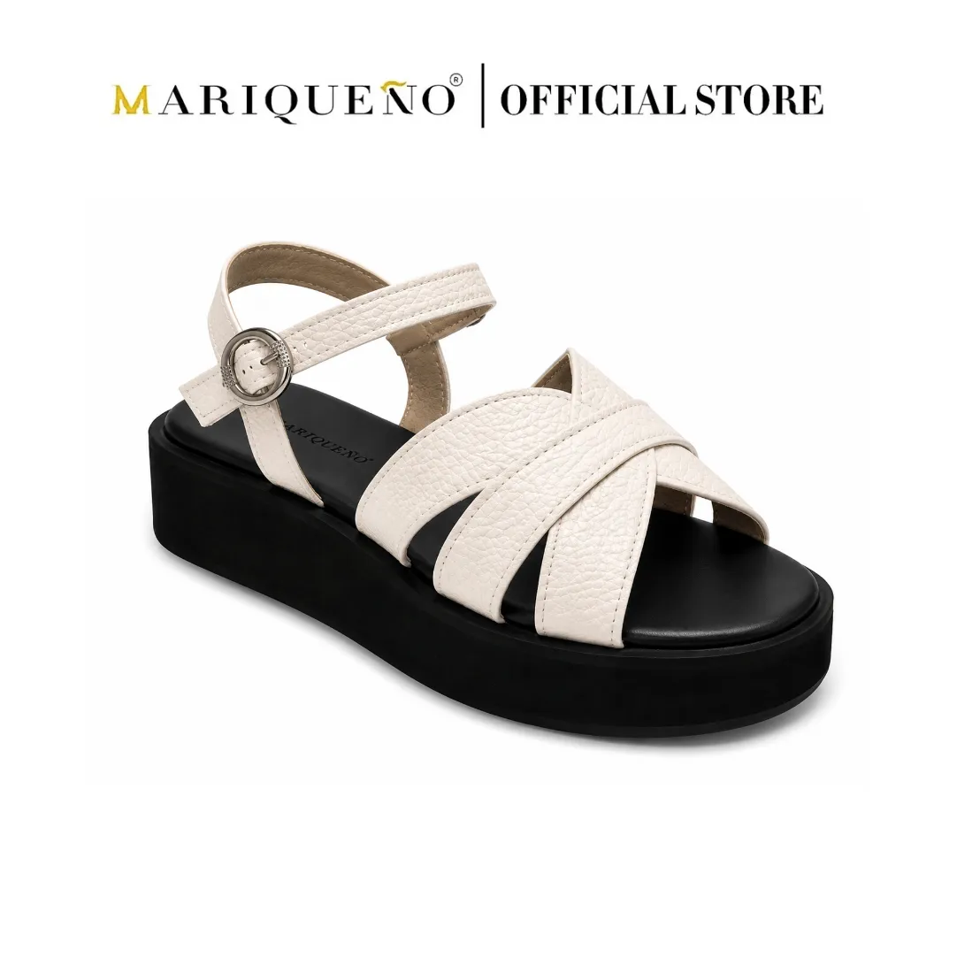 A single platform sandal by Mariqueno, featuring cream-colored textured straps and a black platform sole, shown against a plain white background with the brand name at the top.
#color_white