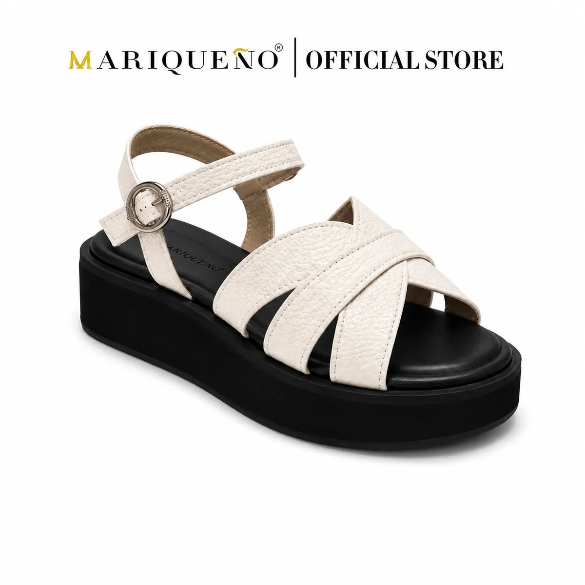 A single platform sandal by Mariqueno, featuring cream-colored textured straps and a black platform sole, shown against a plain white background with the brand name at the top.
#color_white