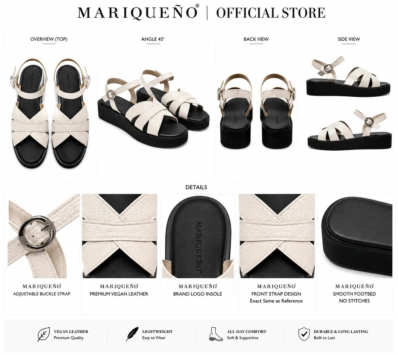 A product catalog graphic for the Markeño platform sandal, showing multiple views (top, 45-degree angle, back, side, close-ups, and feature icons) on a white background under the header 'MARIQUEÑO | OFFICIAL STORE'.
#color_white