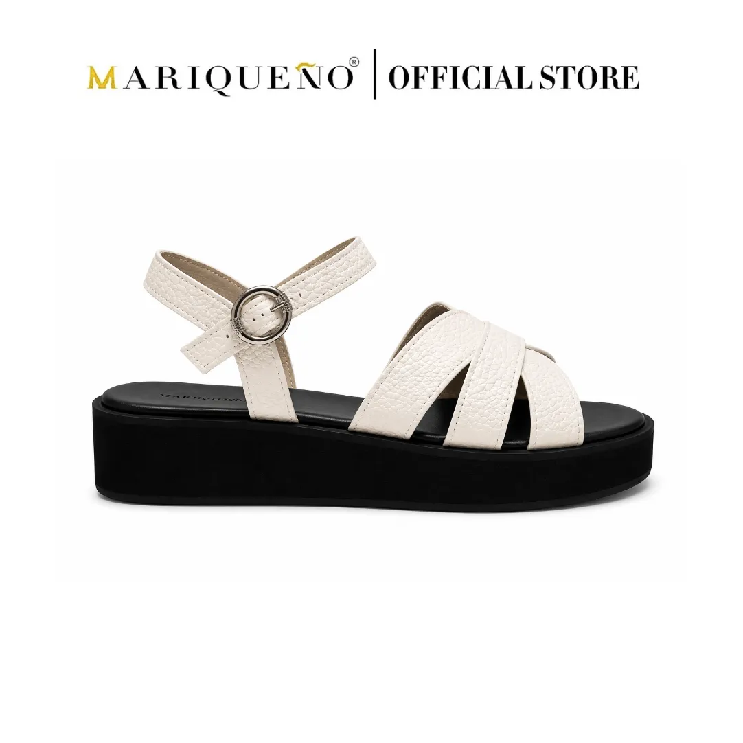 A single women's platform sandal by Mariqueno, featuring textured off-white straps and a black platform sole, shown against a plain white background with the brand name 'MARIQUENO | OFFICIAL STORE' at the top.
#color_white