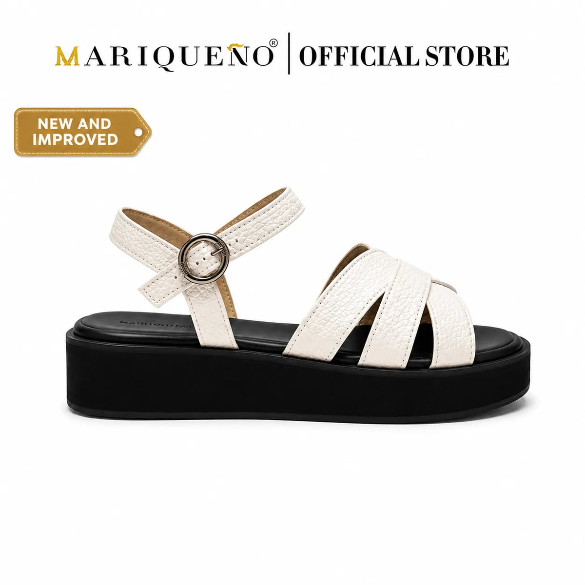 A single women's platform sandal by Mariqueno, featuring textured off-white straps and a black platform sole, shown against a plain white background with the brand name 'MARIQUENO | OFFICIAL STORE' at the top.
#color_white