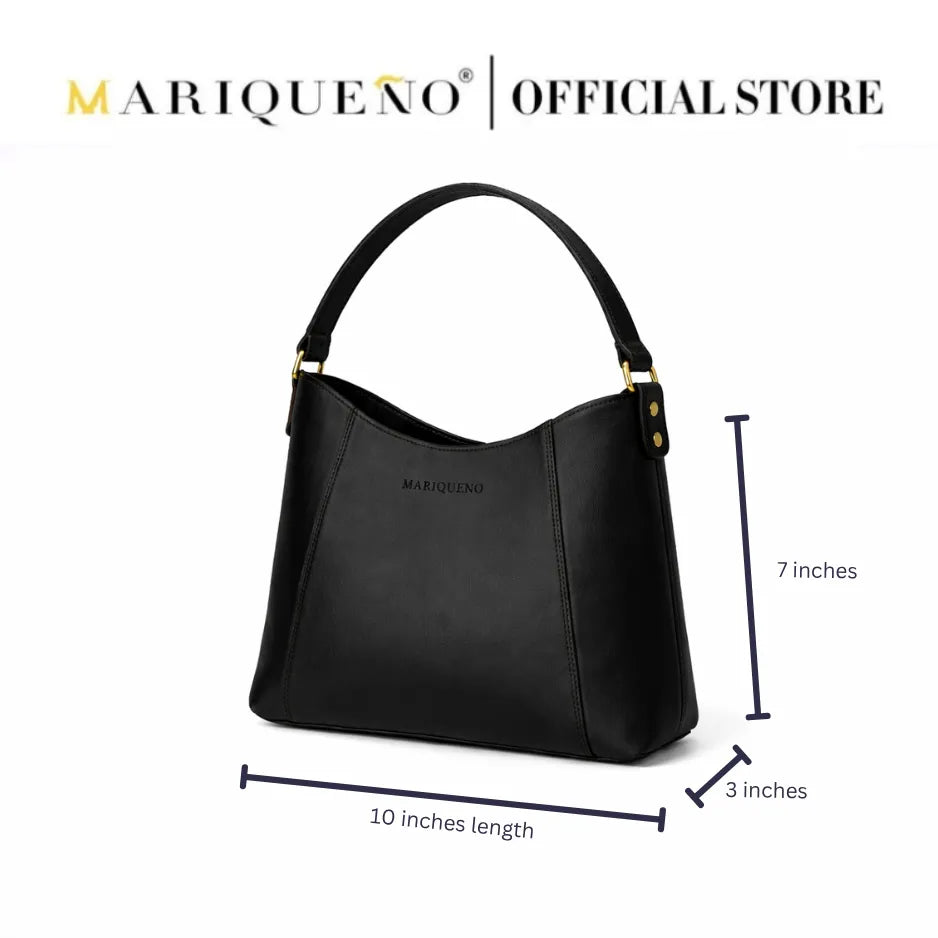 Black handbag with dimensions labeled, featuring the Mariqueno brand.
#color_black