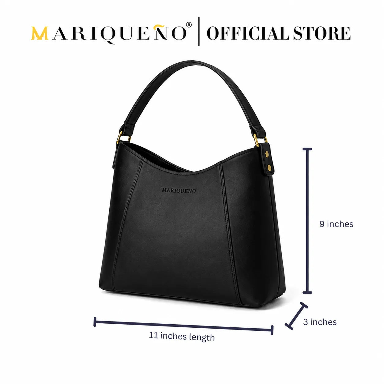 Black handbag with dimensions labeled, featuring the Mariqueno brand.
#color_black