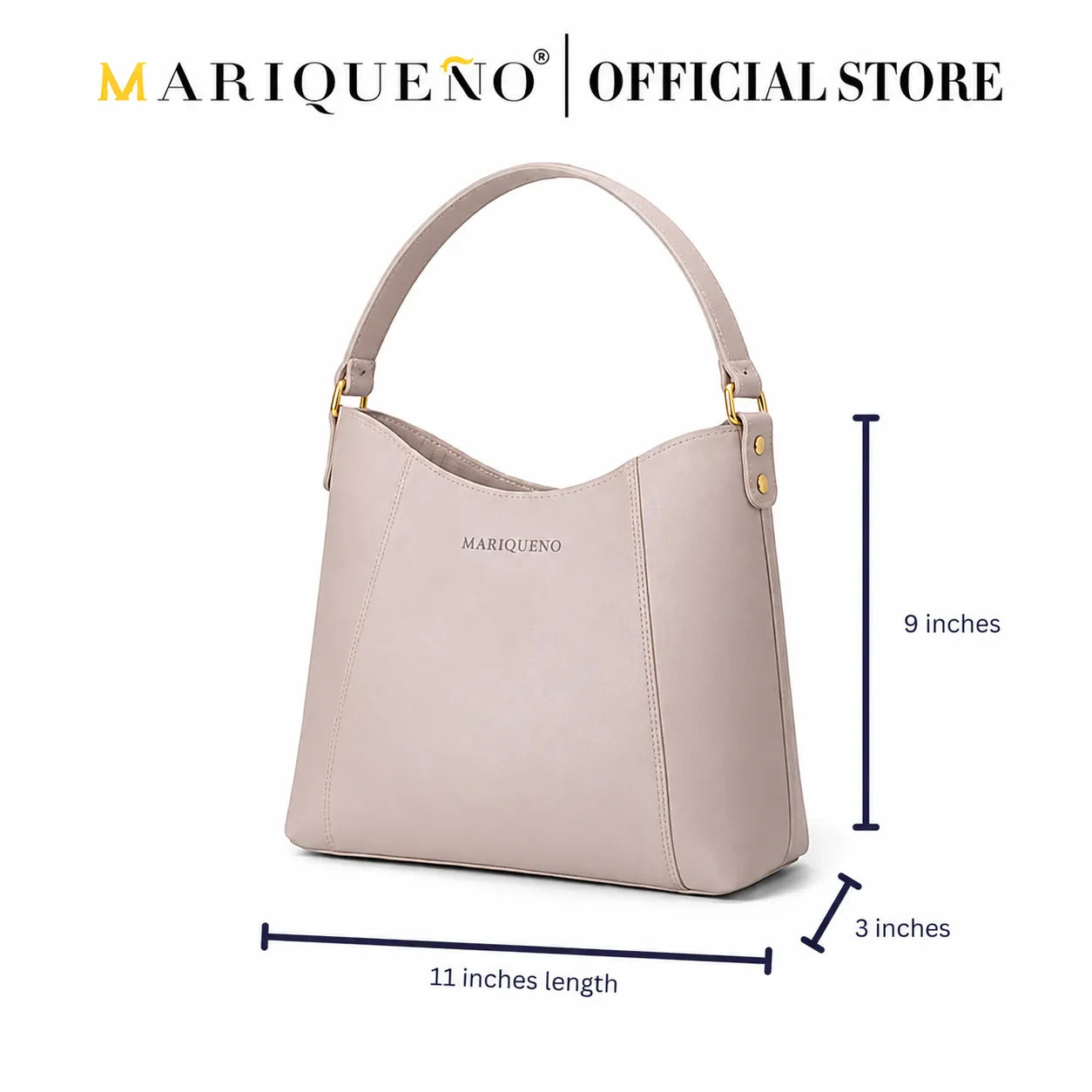Taupe handbag with dimensions labeled on a white background, featuring the Mariqueno brand.
#color_taupe