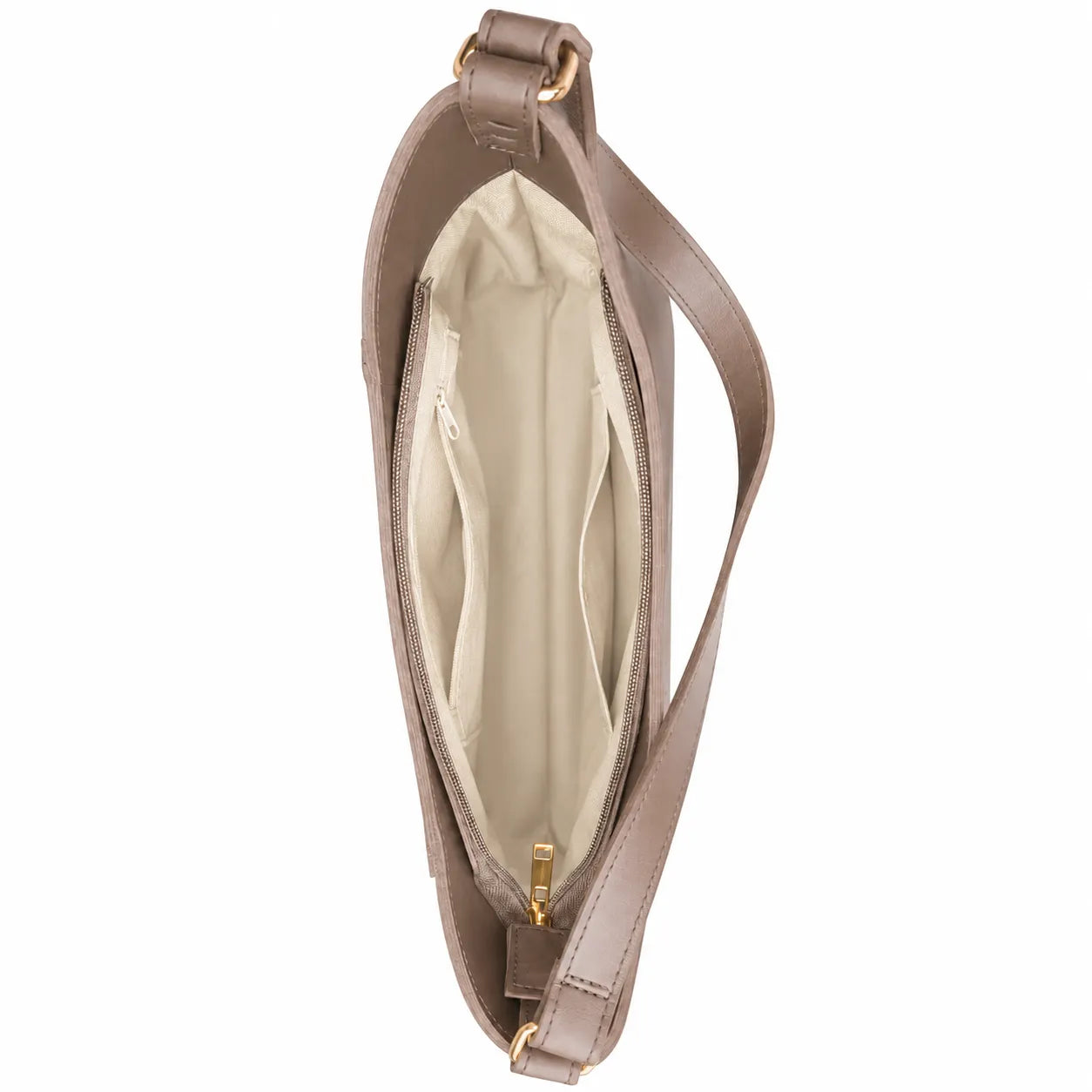 Taupe leather handbag with a gold clasp on a white background
#color_taupe