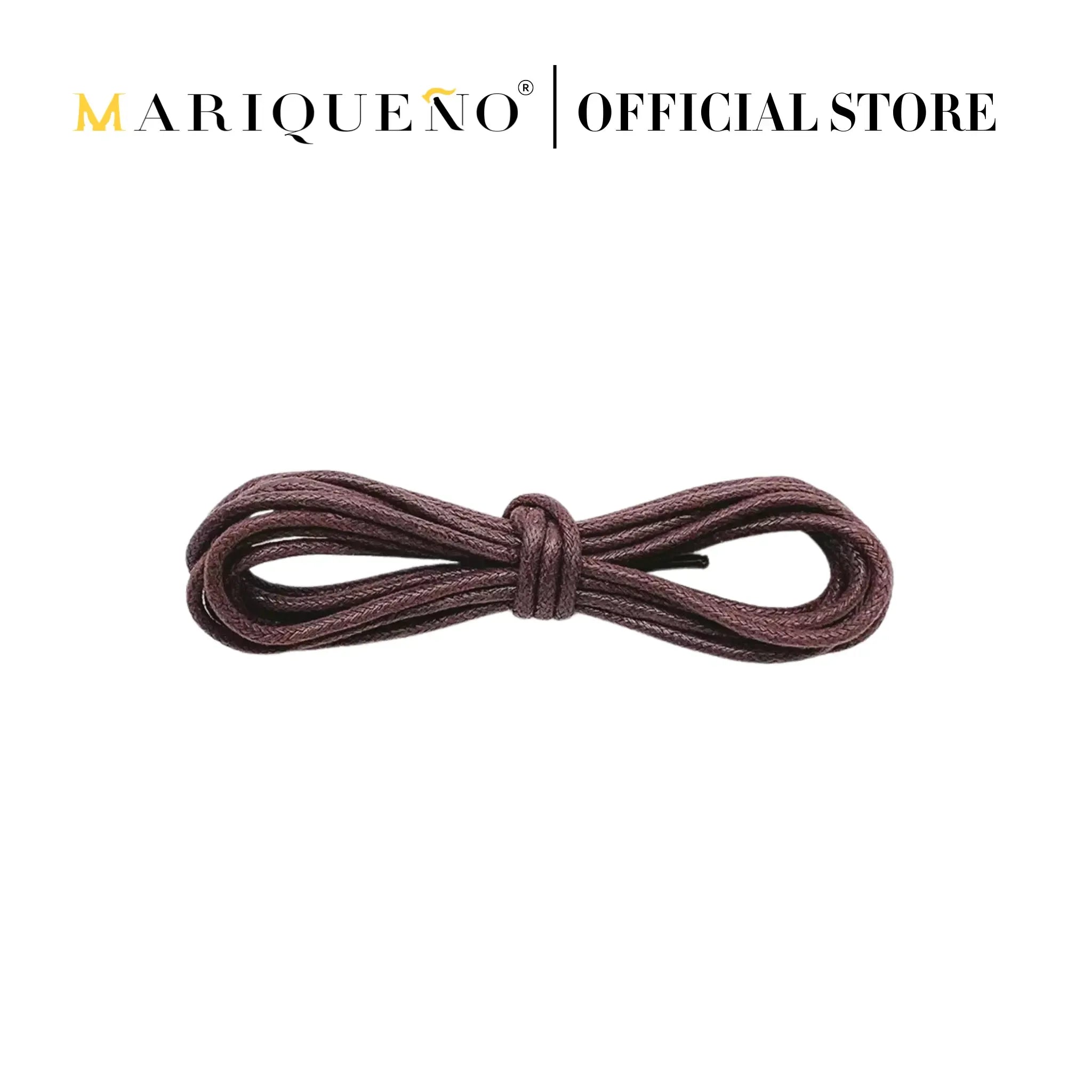 Brown shoelace tied in a knot on a white background with 'Mariqueno' branding.
#color_walnut