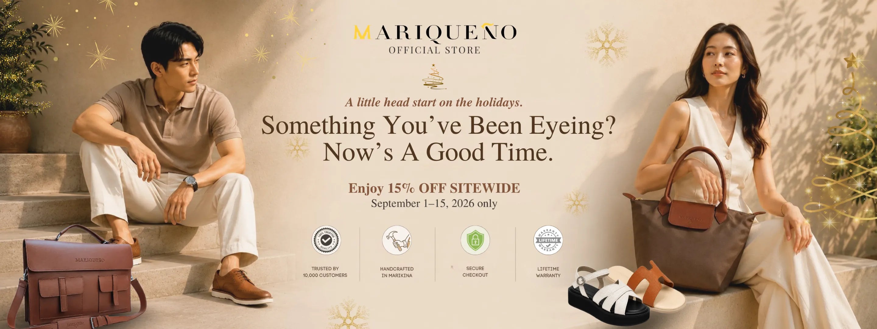 A promotional banner for Mariqueno Official Store featuring a man sitting on stone steps wearing a beige polo shirt and white trousers next to a brown leather briefcase, and a woman in a white dress holding a brown tote bag beside black and white sandals. The background is a warm beige wall with gold star illustrations and promotional text.