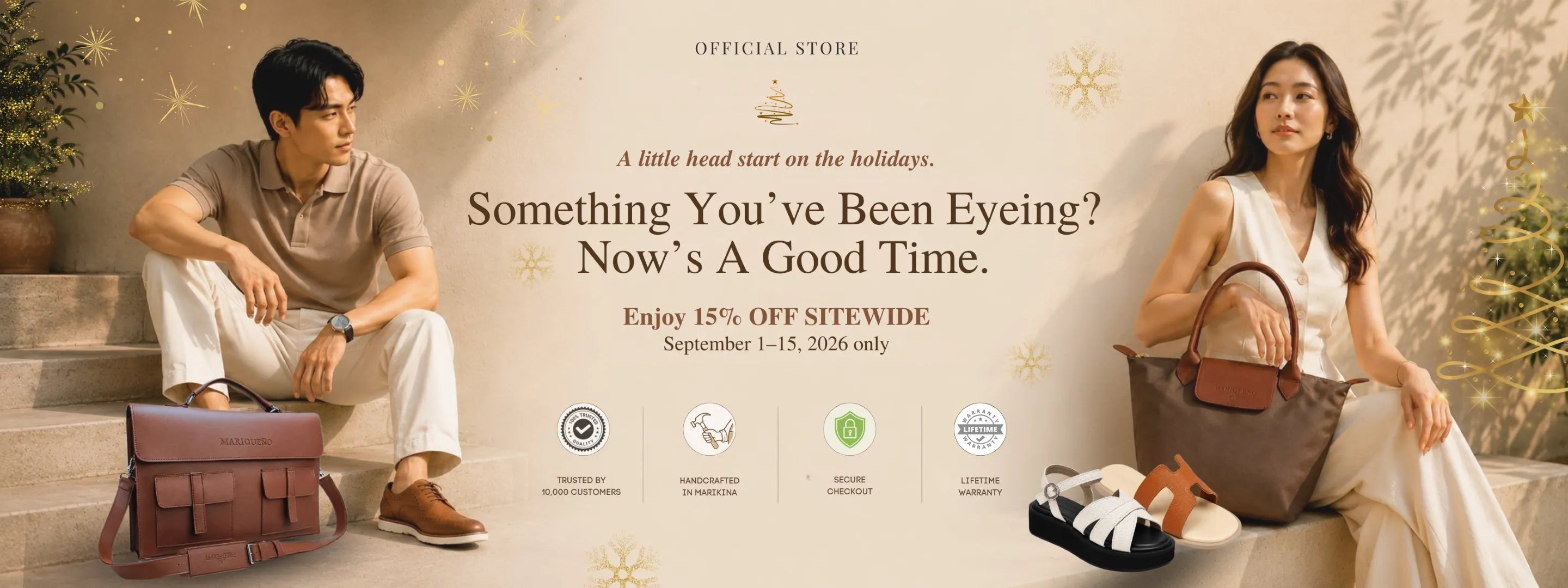 A promotional banner for Mariqueno Official Store featuring a man sitting on stone steps wearing a beige polo shirt and white trousers next to a brown leather briefcase, and a woman in a white dress holding a brown tote bag beside black and white sandals. The background is a warm beige wall with gold star illustrations and promotional text.