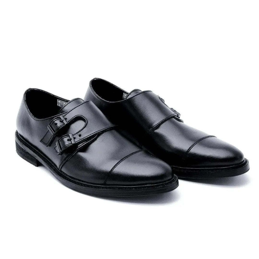 Santiago double monk strap leather shoes in black color
#color_black