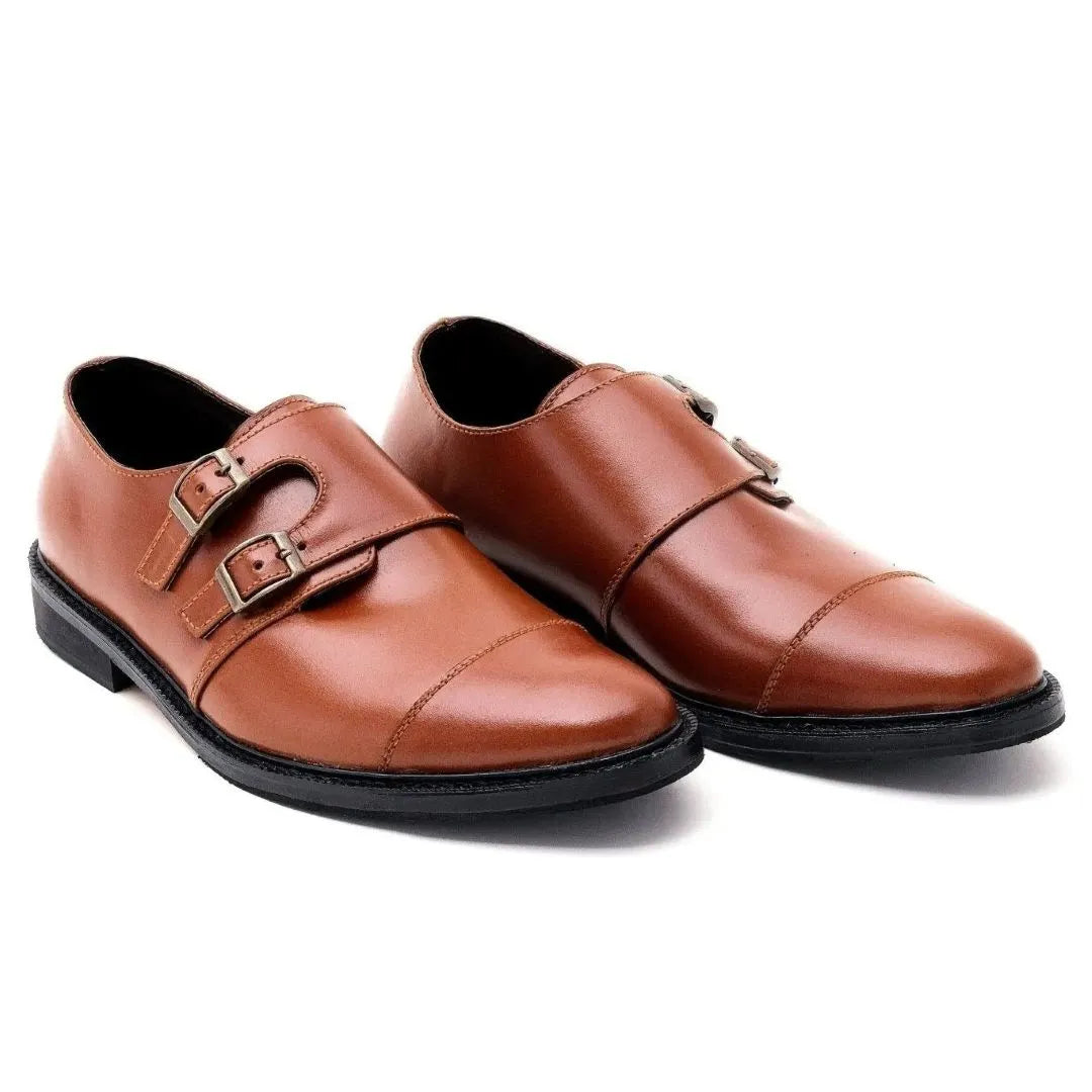 Santiago double monk strap leather shoes in tan color
#color_tan