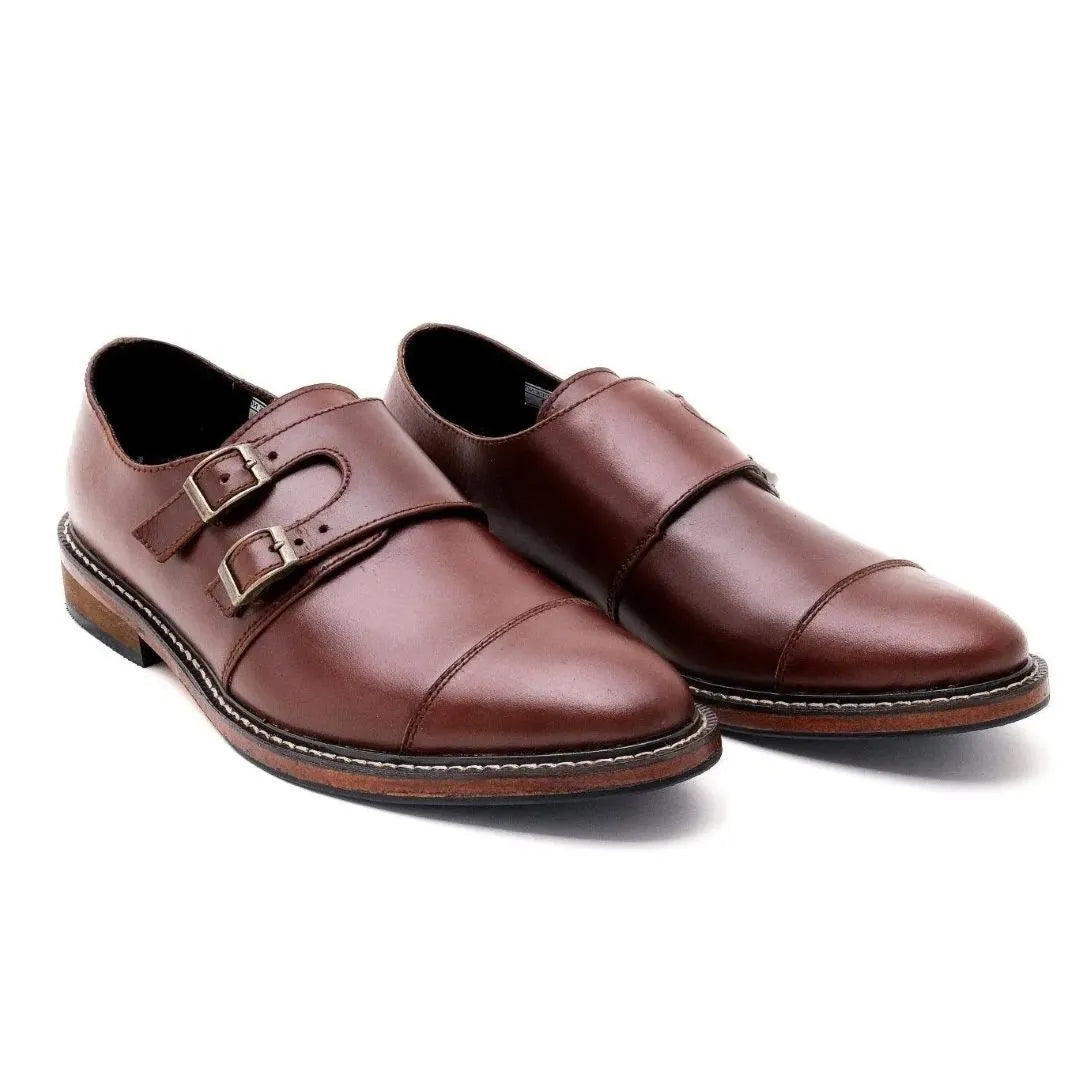 Santiago double monk strap leather shoes in walnut brown color
#color_walnut