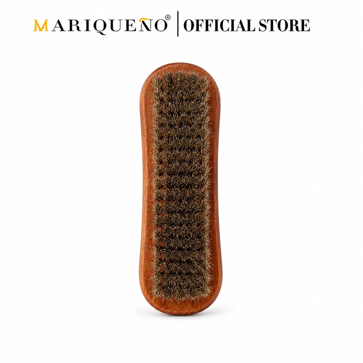 Wooden brush with bristles on a white background, branded as Mariqueno Official Store.