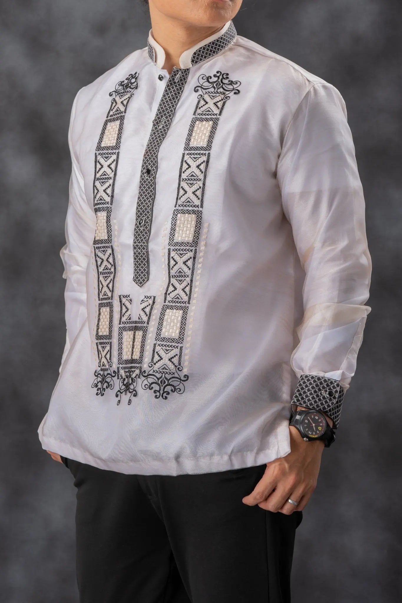 GUEVARRA Piña Organza Men's Barong in Black with Double Chinese Collar - White Lining - Mariqueño