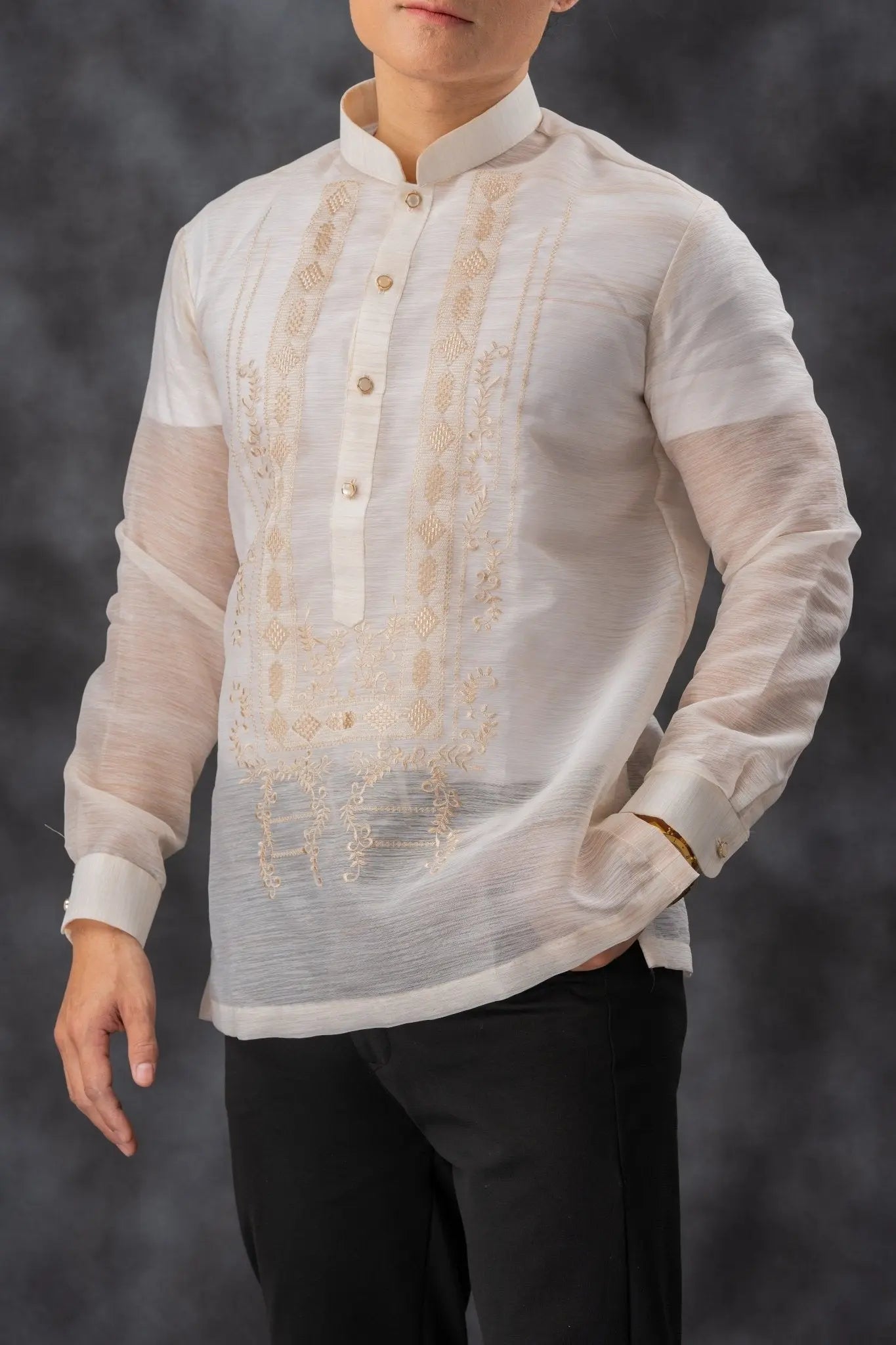 QUEZON Classic Men's Barong in Brown with Chinese Collar - Jusilyn Fabric - Mariqueño