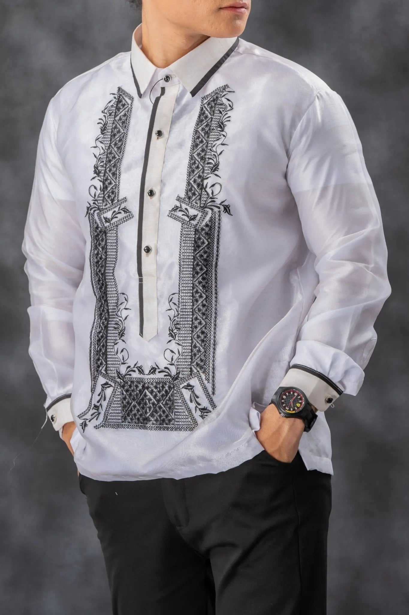 SANTIAGO Piña Organza Men's Barong in Black with Sport Collar - White Lining - Mariqueño