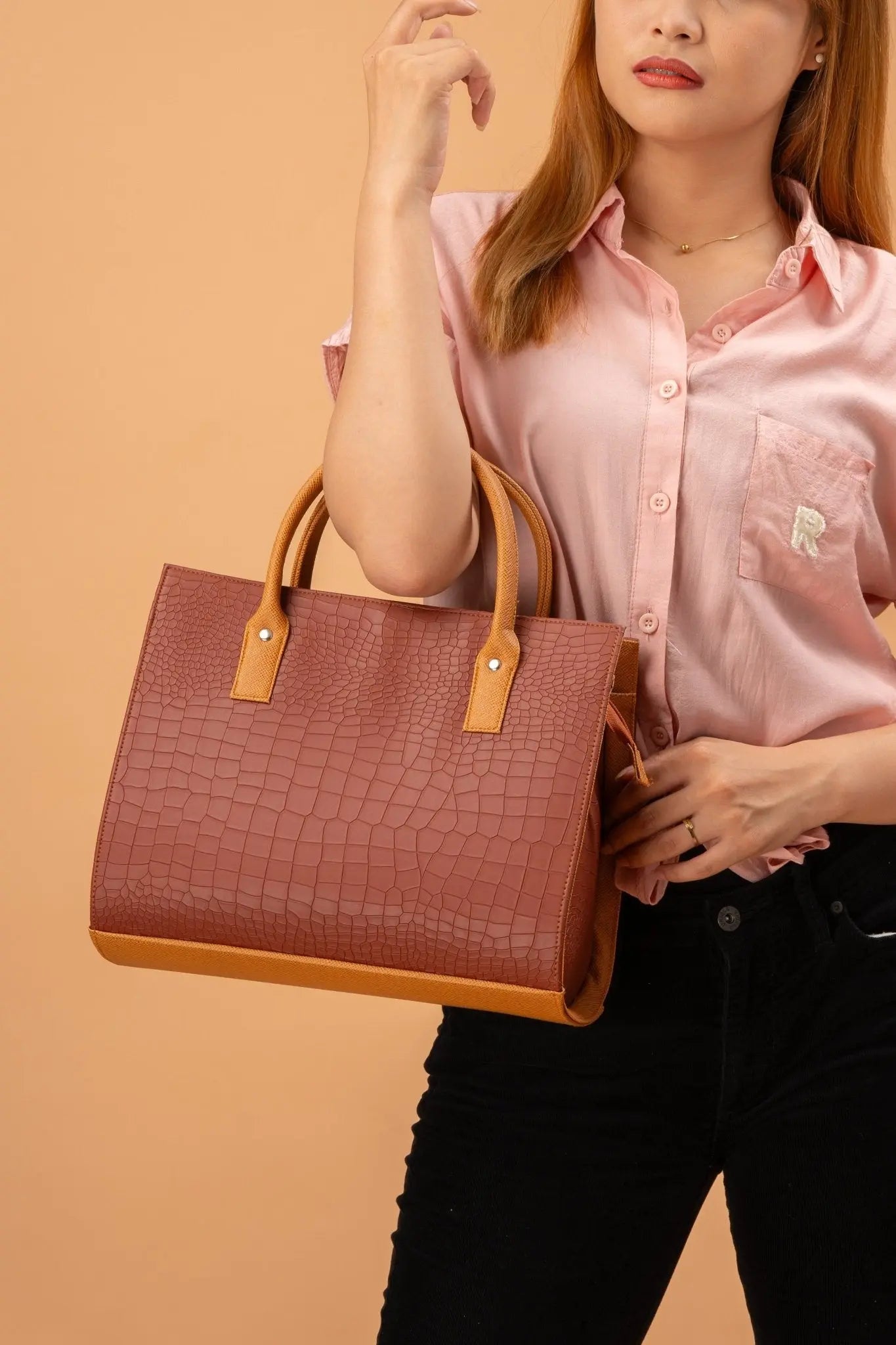 MADELINE Croc Embossed Satchel Bag in Choco Brown - Mariqueño