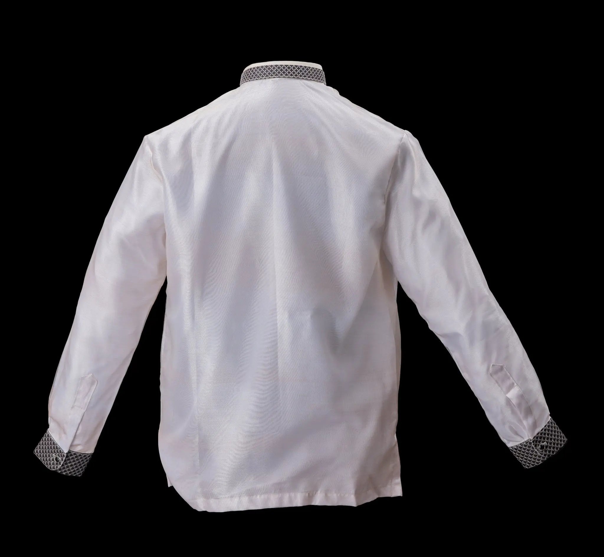 GUEVARRA Piña Organza Men's Barong in Black with Double Chinese Collar - White Lining - Mariqueño