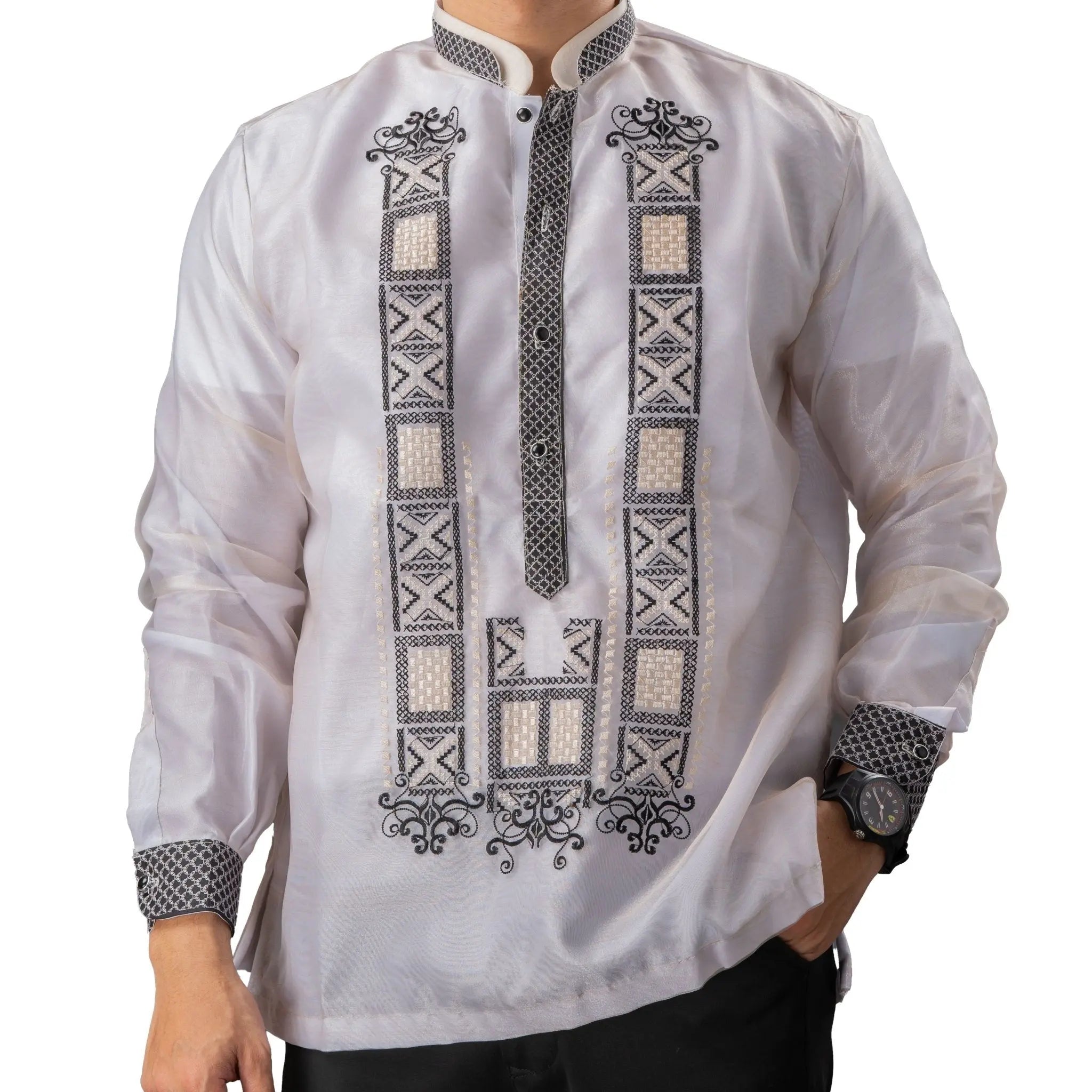 GUEVARRA Piña Organza Men's Barong in Black with Double Chinese Collar - White Lining - Mariqueño