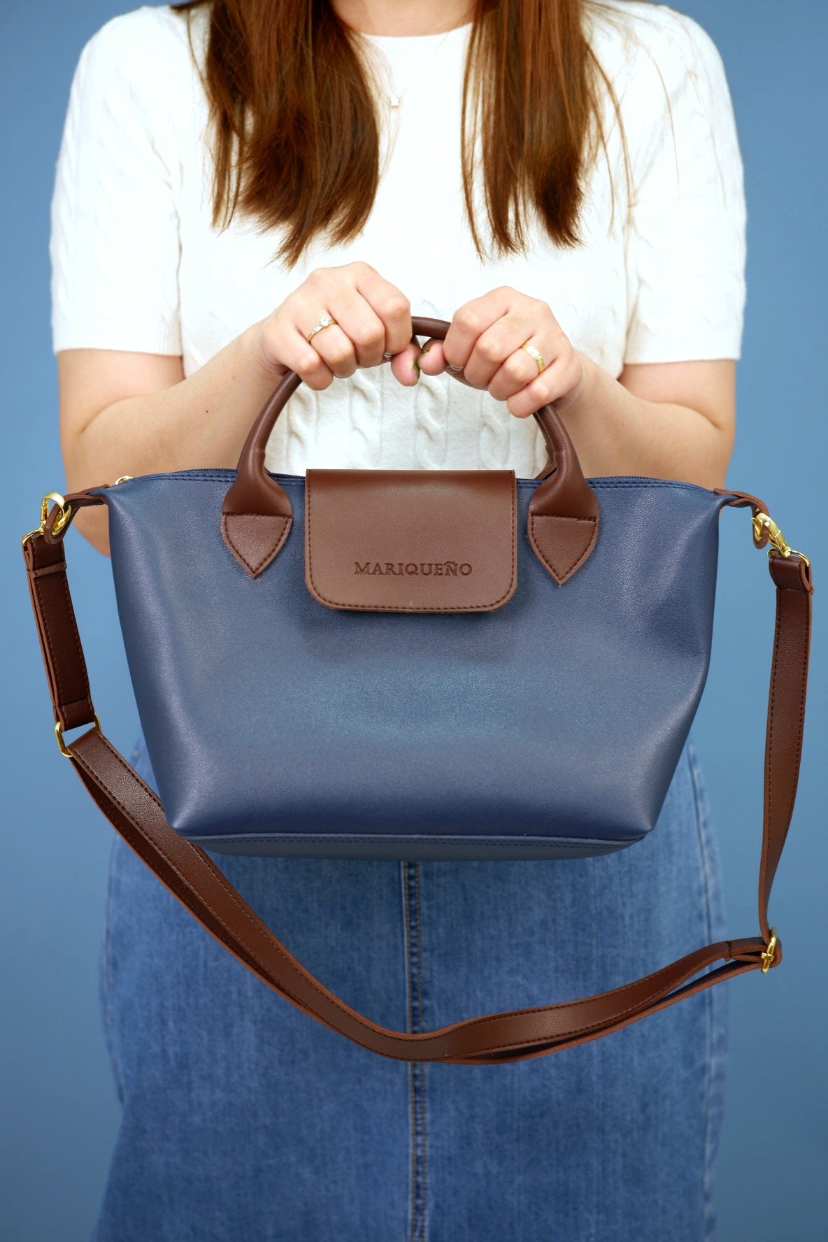 MARTHA Leather Tote Top Handle Sling Bag in Blue