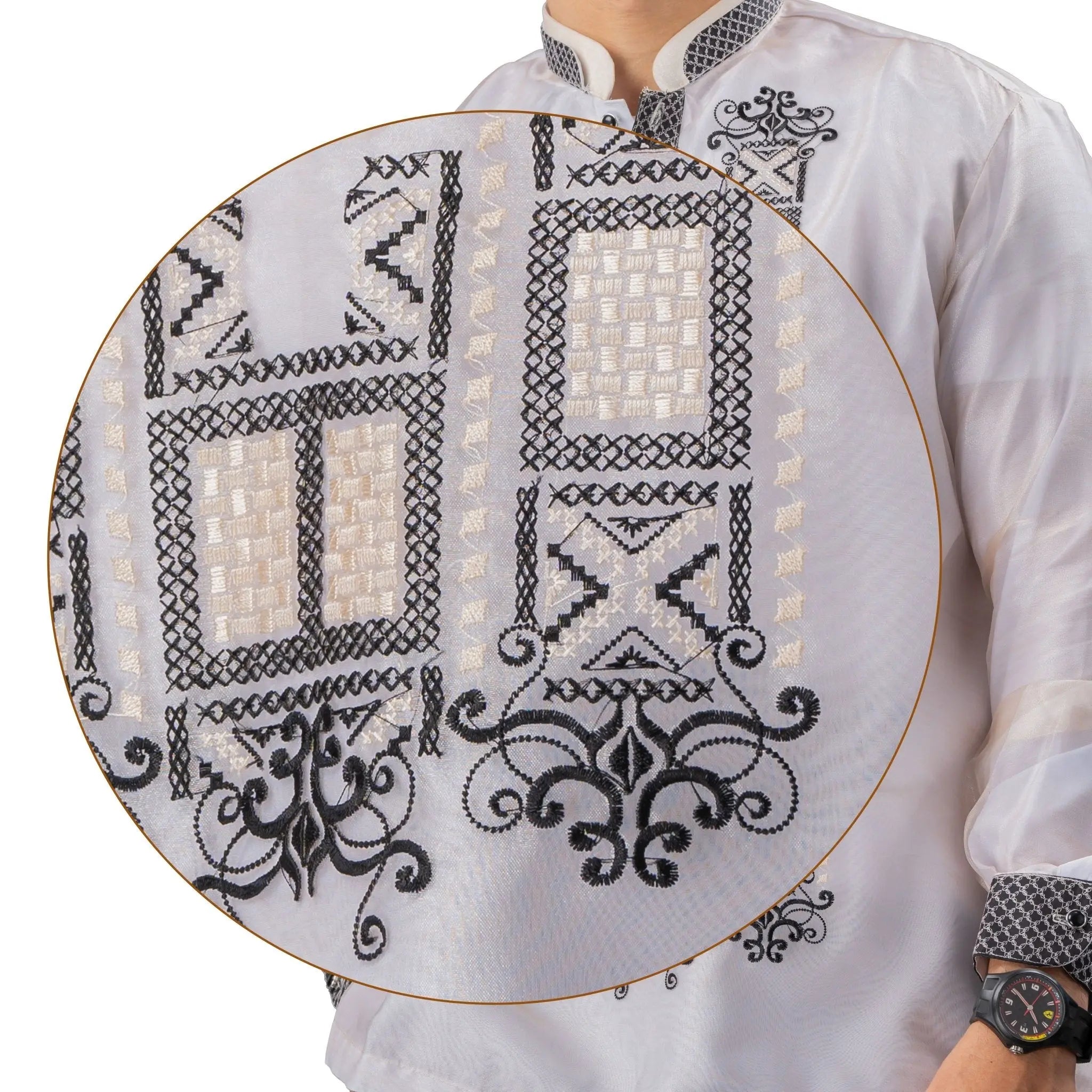 GUEVARRA Piña Organza Men's Barong in Black with Double Chinese Collar - White Lining - Mariqueño