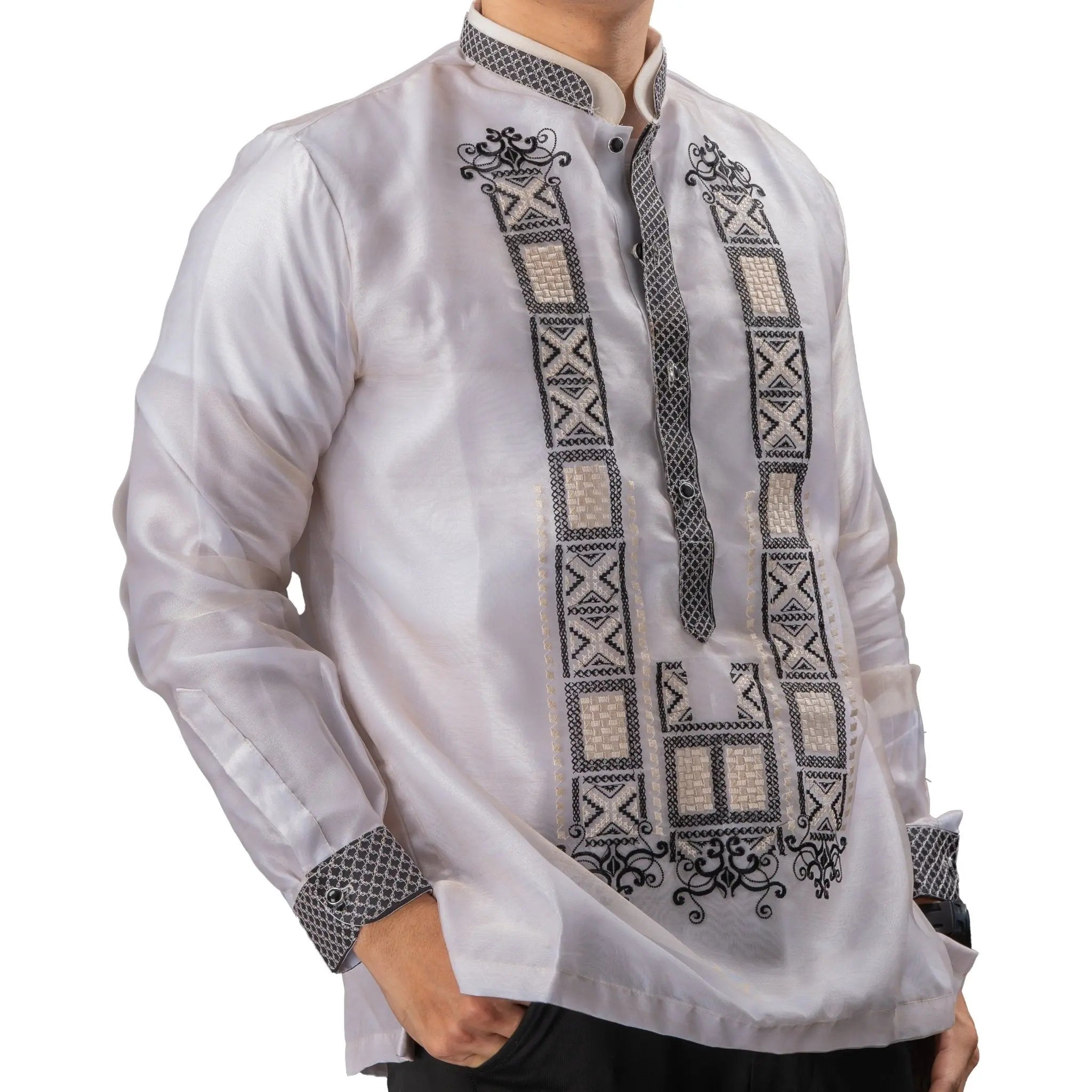 GUEVARRA Piña Organza Men's Barong in Black with Double Chinese Collar - White Lining - Mariqueño