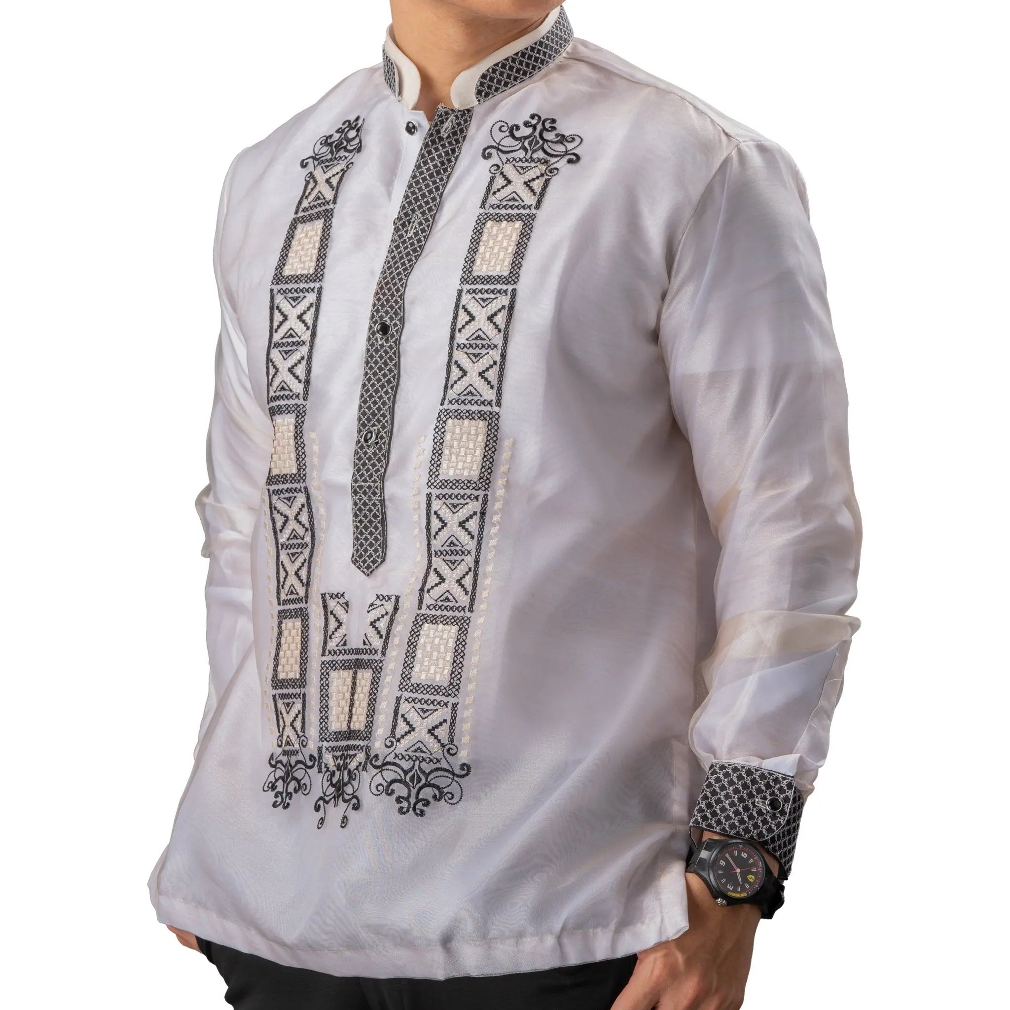 GUEVARRA Piña Organza Men's Barong in Black with Double Chinese Collar - White Lining - Mariqueño