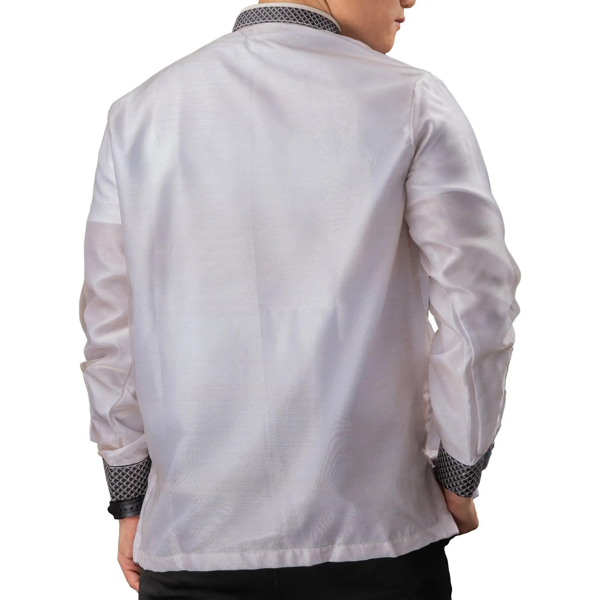 GUEVARRA Piña Organza Men's Barong in Black with Double Chinese Collar - White Lining - Mariqueño