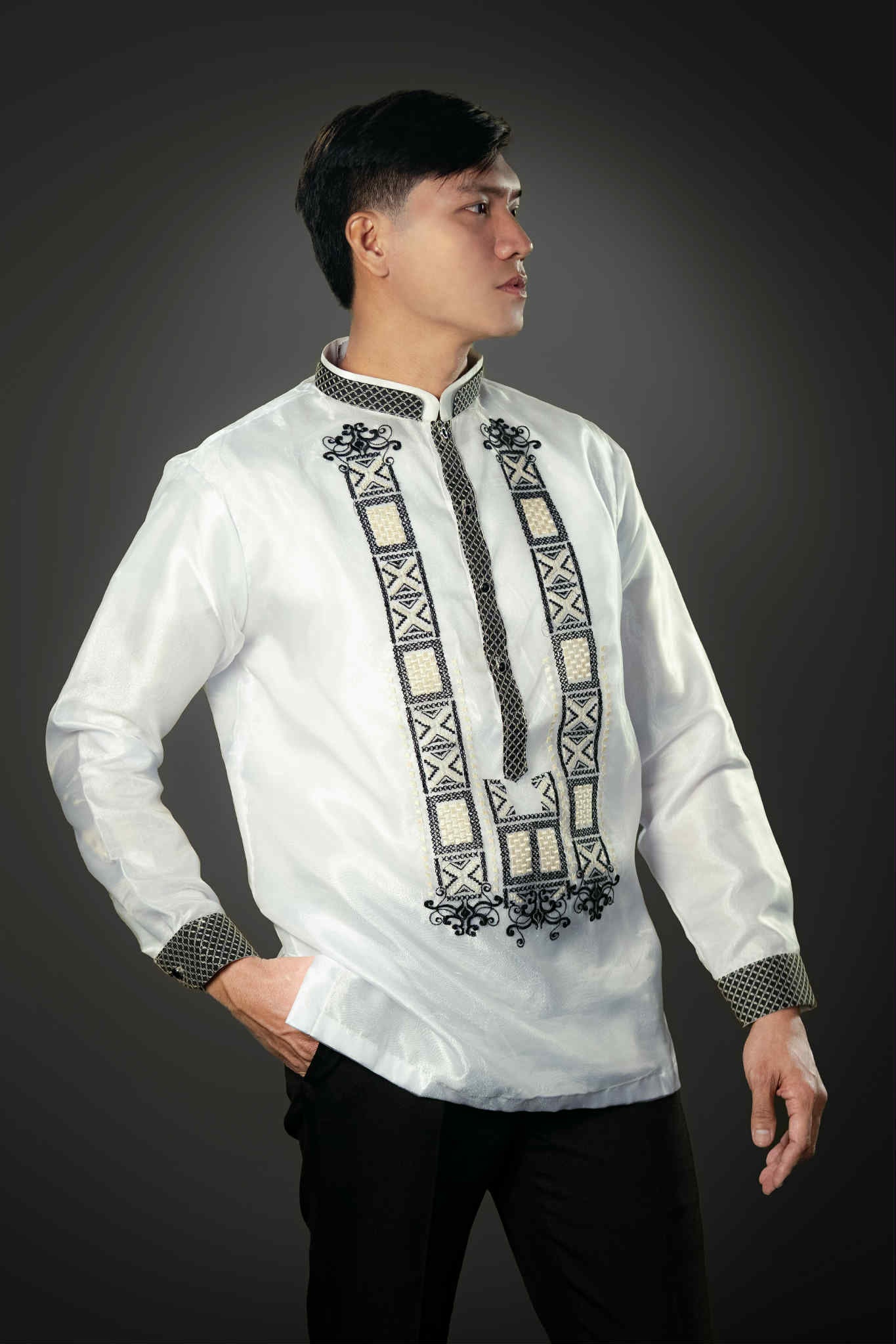 Men's GUEVARRA Piña Organza Barong Tagalog in Black - Chinese Collar by Mariqueño