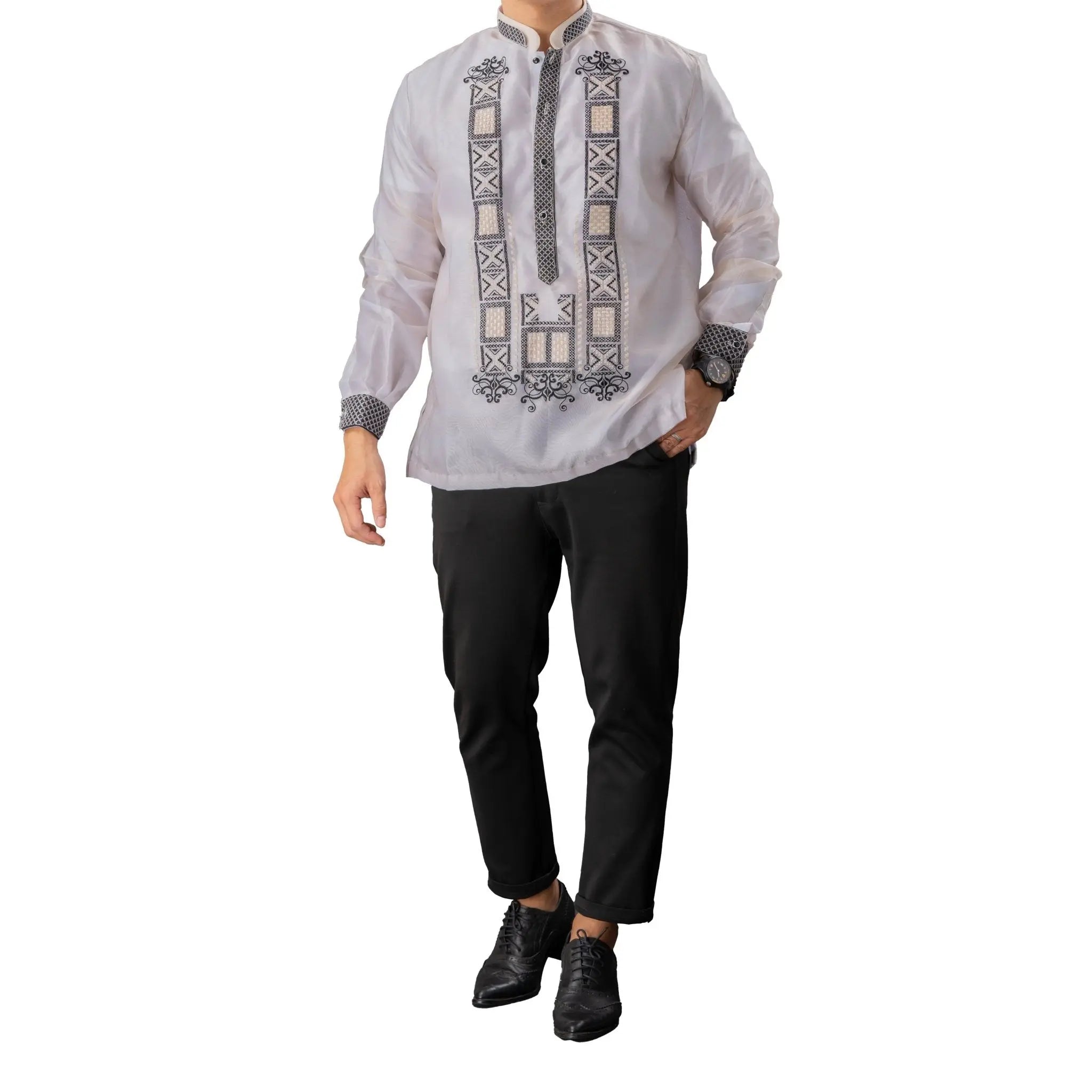 GUEVARRA Piña Organza Men's Barong in Black with Double Chinese Collar - White Lining - Mariqueño