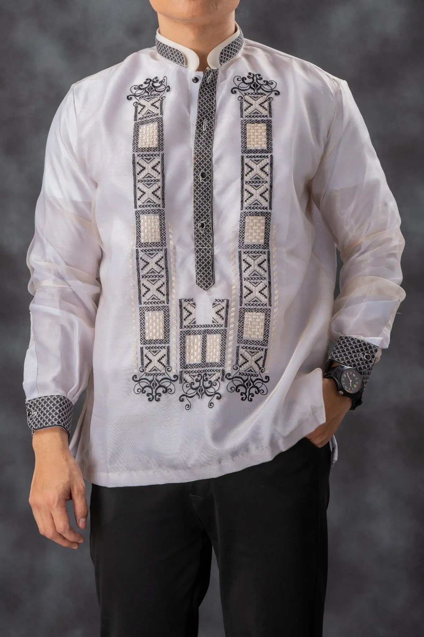 GUEVARRA Piña Organza Men's Barong in Black with Double Chinese Collar - White Lining - Mariqueño