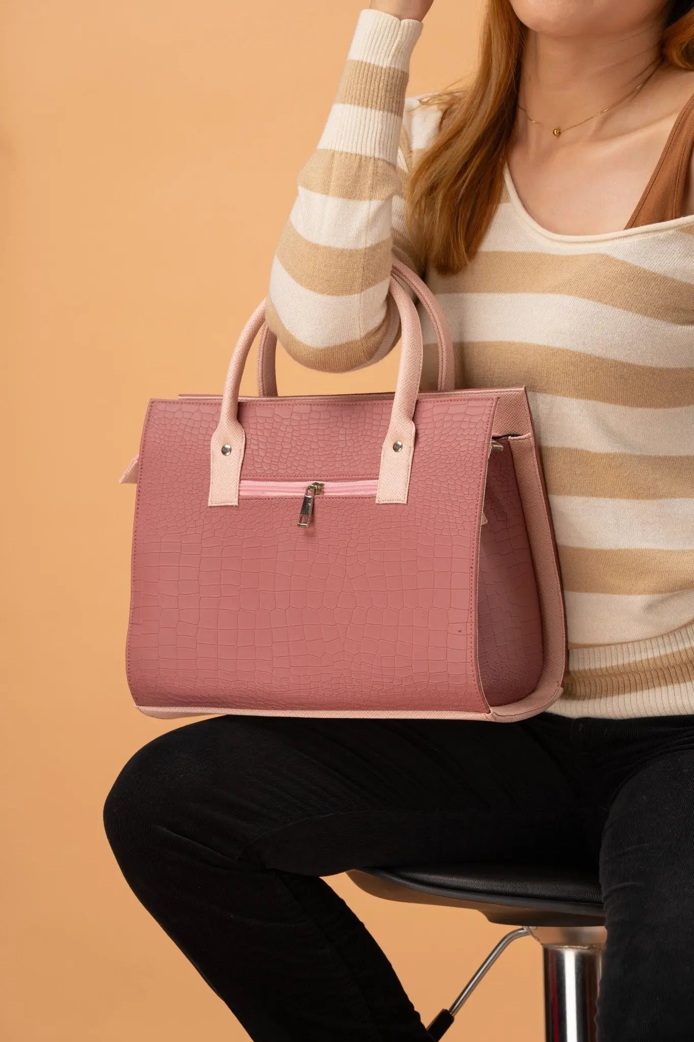 MADELINE Croc Embossed Satchel Bag in Old Rose - Mariqueño