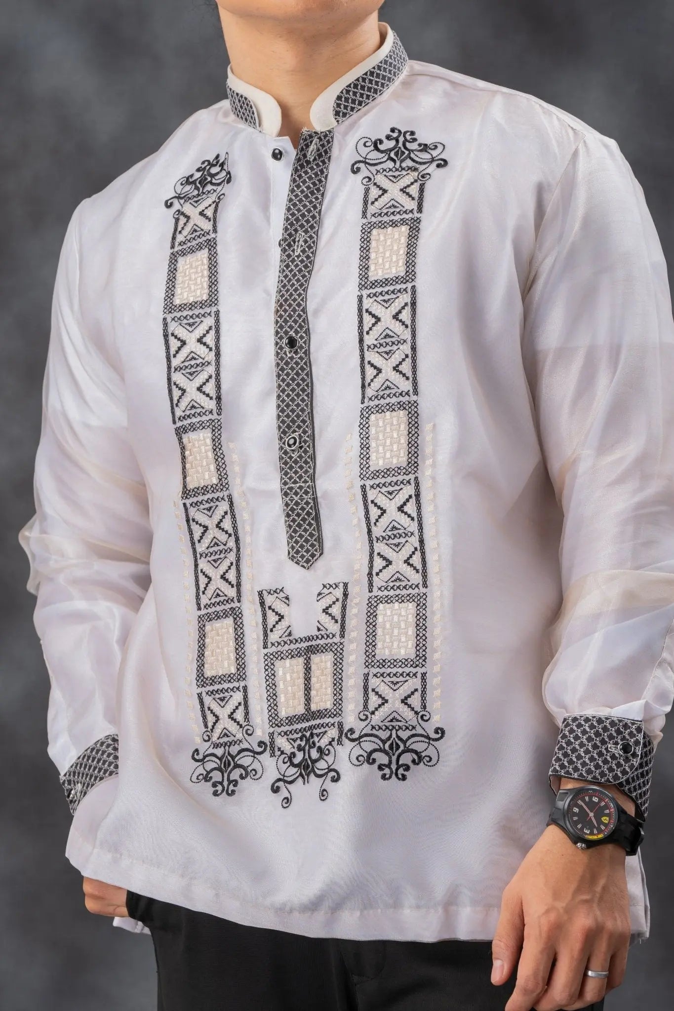 GUEVARRA Piña Organza Men's Barong in Black with Double Chinese Collar - White Lining - Mariqueño