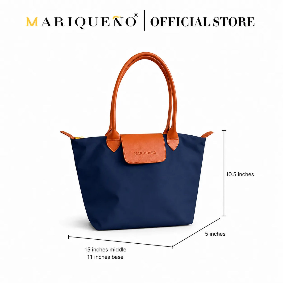 A navy blue and orange Le Chantier style tote bag shown on a white background with dimension lines and text indicating measurements: 10.5 inches height, 15 inches middle width, 11 inches base, and 5 inches front depth.
#color_navy blue and tan
