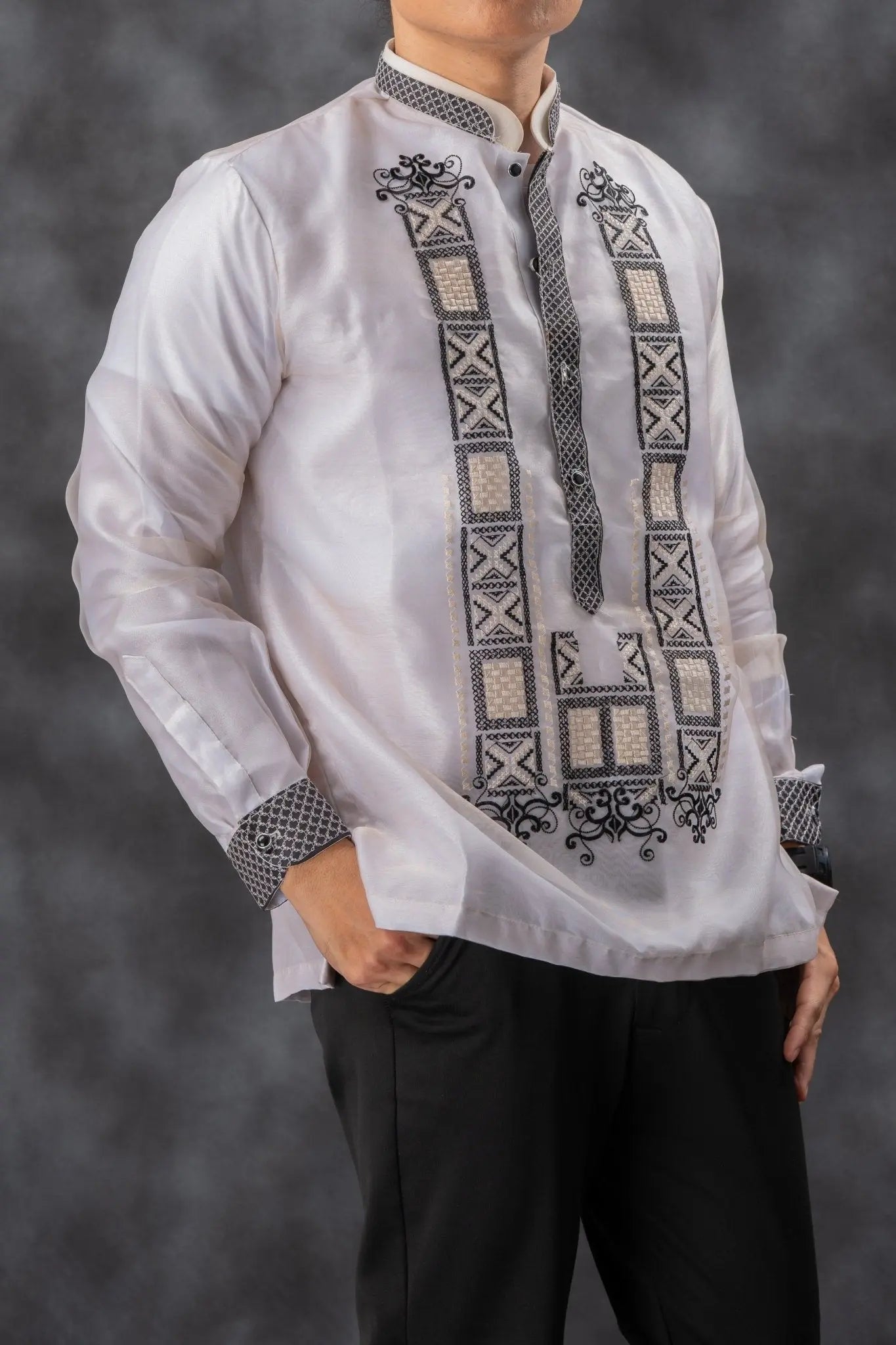 GUEVARRA Piña Organza Men's Barong in Black with Double Chinese Collar - White Lining - Mariqueño