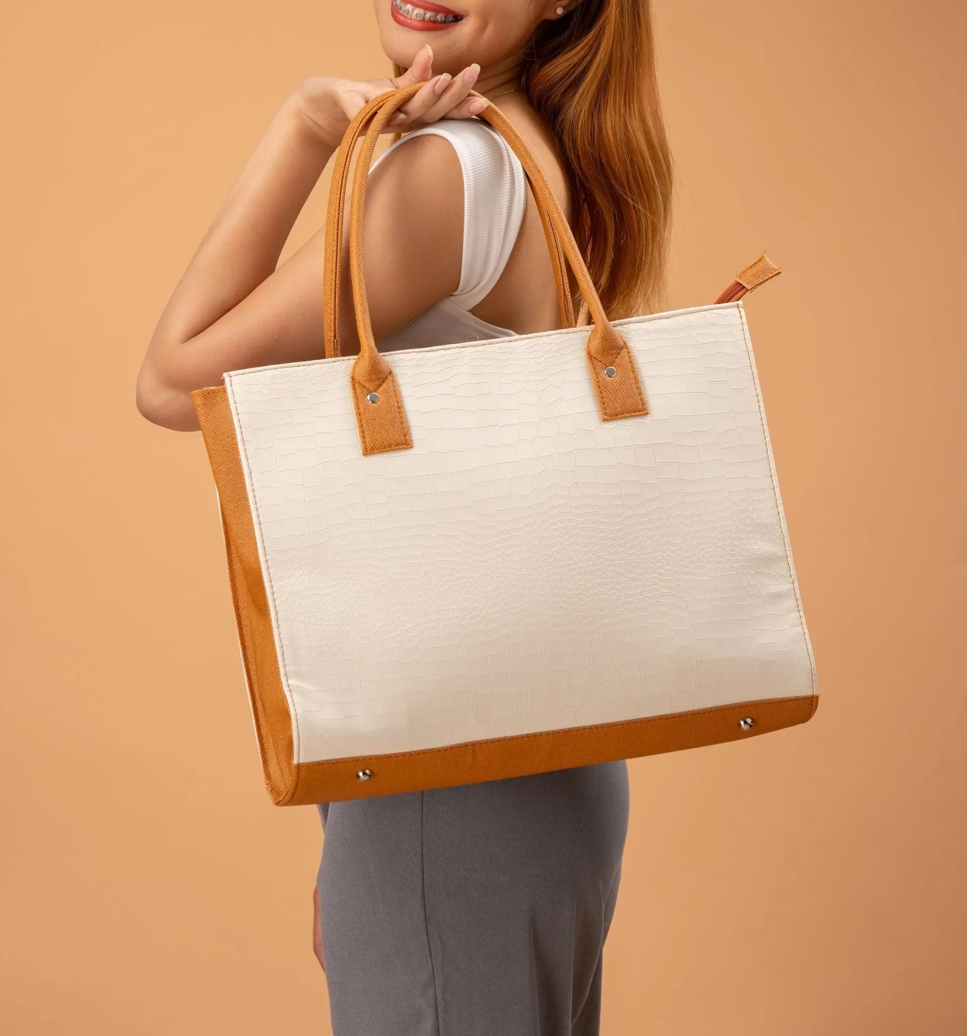 MADELINE Croc Embossed Shoulder Bag in Off White - Mariqueño