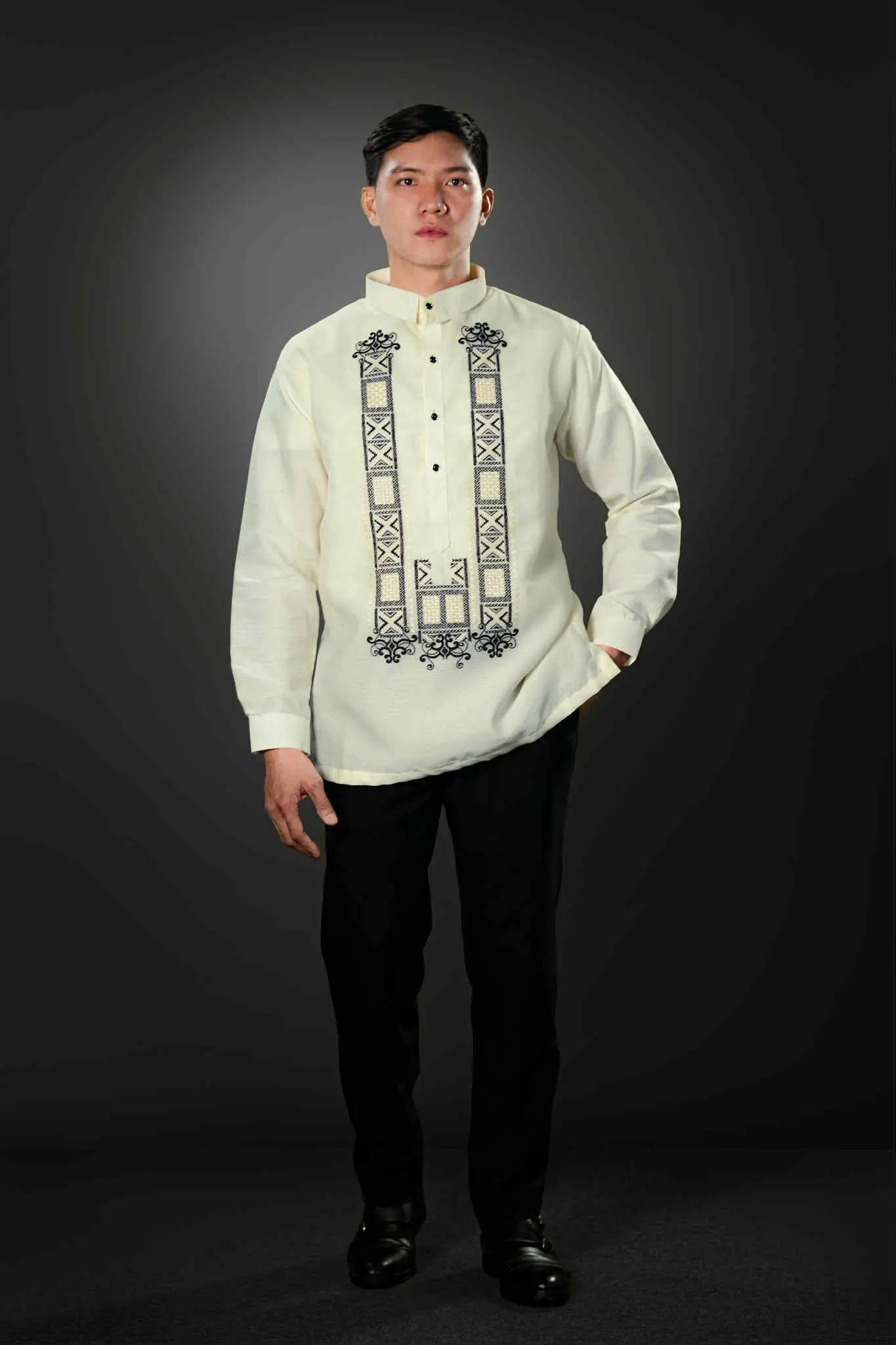 Men's GUEVARRA Jusilyn Barong Tagalog in Black - Sport Collar |   by  Mariqueño ( )