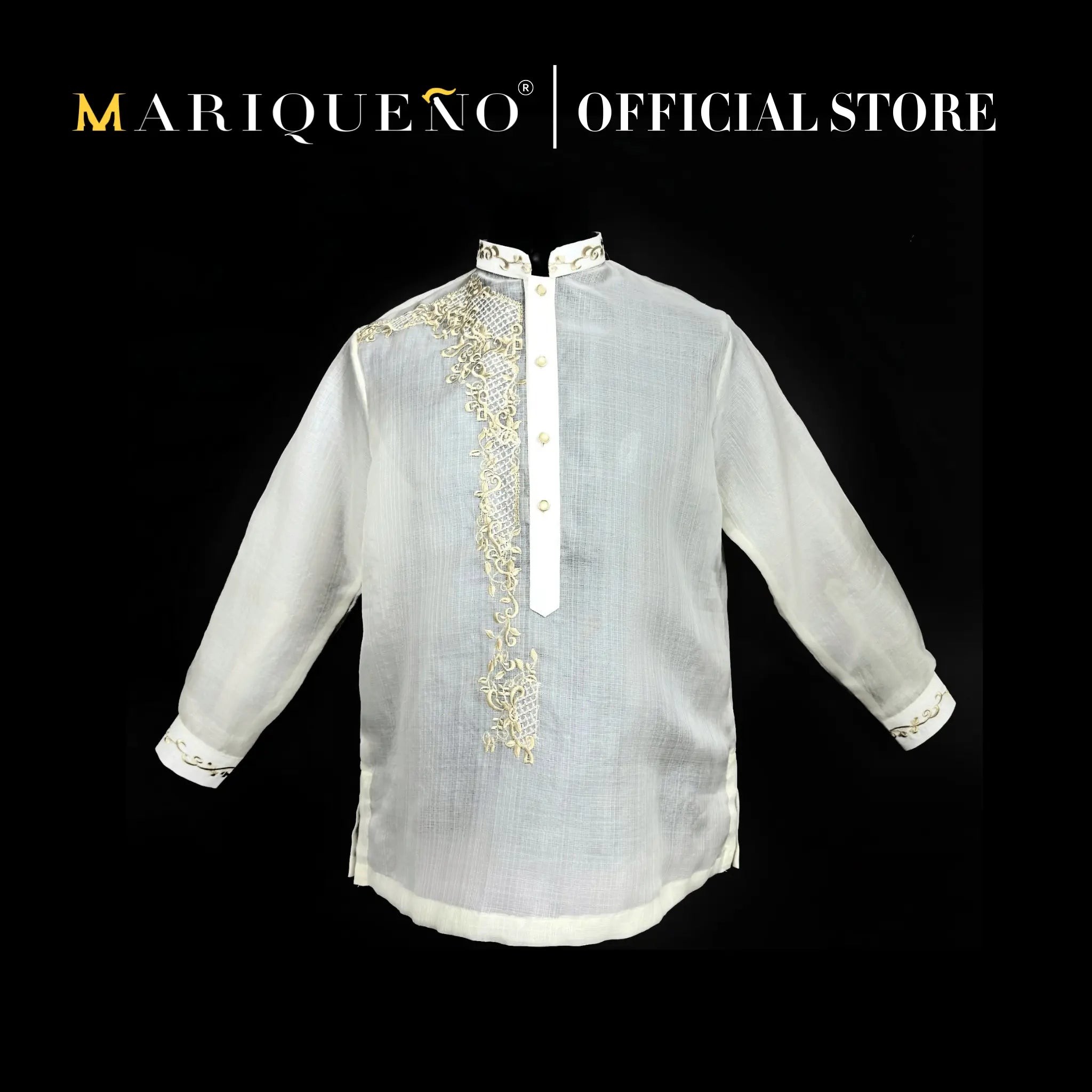 Men's SANTIAGO Piña Cocoon Barong Tagalog in Golden All-Over Embroidery - Chinese Collar |   by  Mariqueño ( )