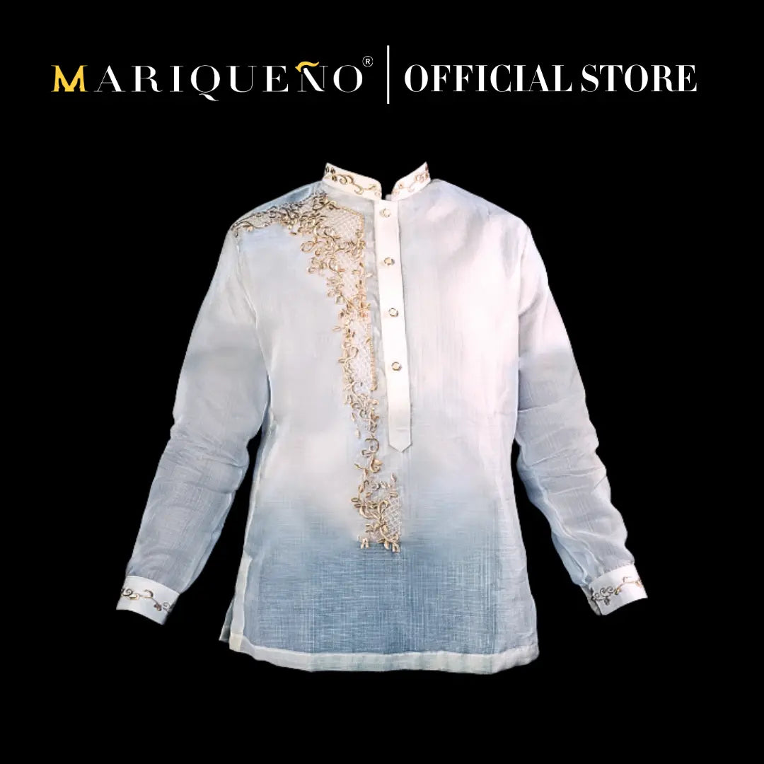 Men's SANTIAGO Piña Cocoon Barong Tagalog in Golden All-Over Embroidery - Chinese Collar