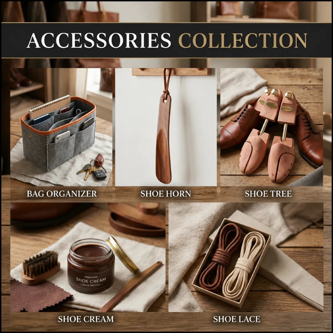 Collection of shoe care accessories including a bag organizer, shoe horn, shoe tree, shoe cream, and shoe lace on a wooden surface.