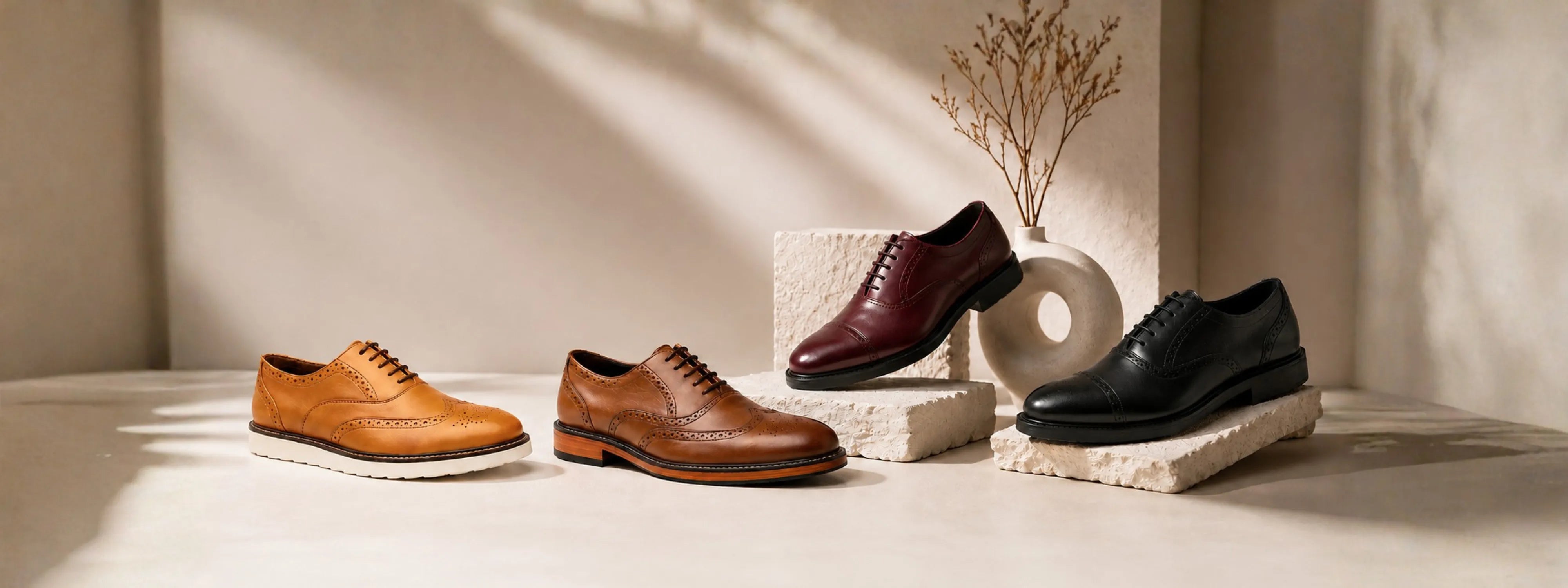 Three pairs of men's dress shoes in brown, black, and red on a neutral background.