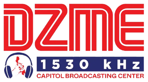 Radio station logo for Dzme 1530 kHz Capitol Broadcasting Center, featuring stylized red 'DZME' lettering, a blue headphone icon with a red map graphic, and white text on a black background.