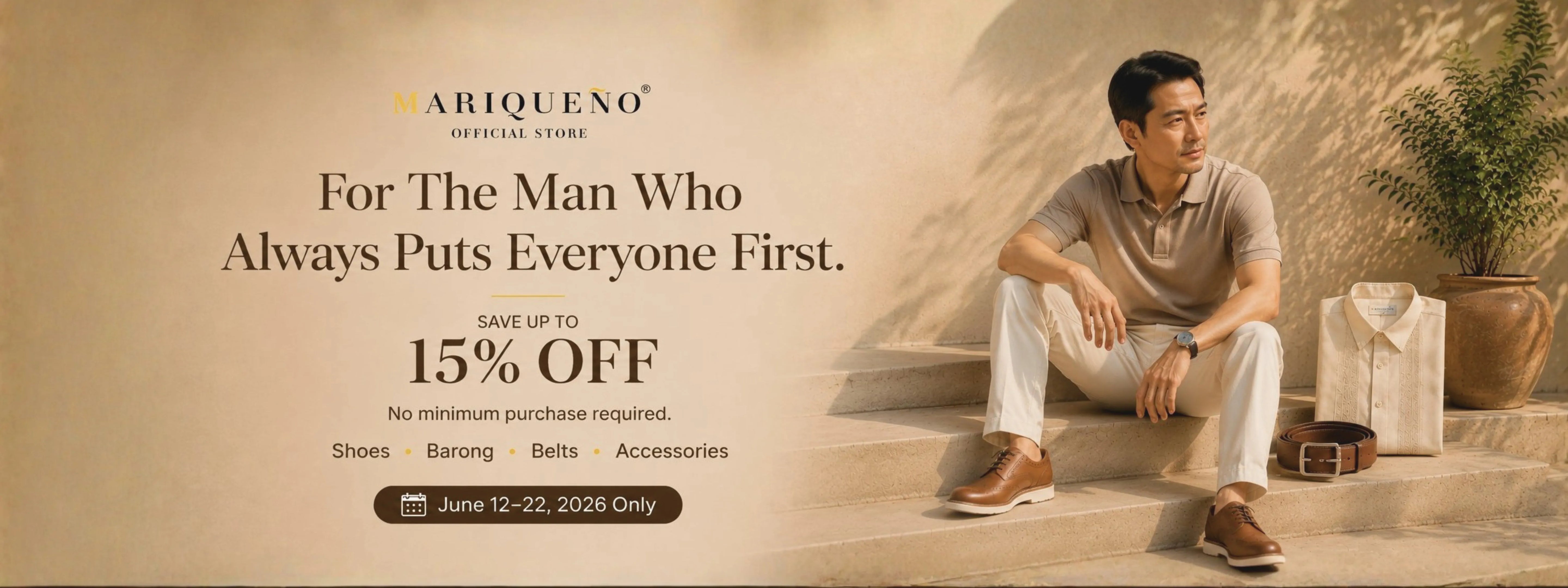 Promotional banner for Mariqueno with a man sitting on steps, text about a 15% off sale, and product categories.
